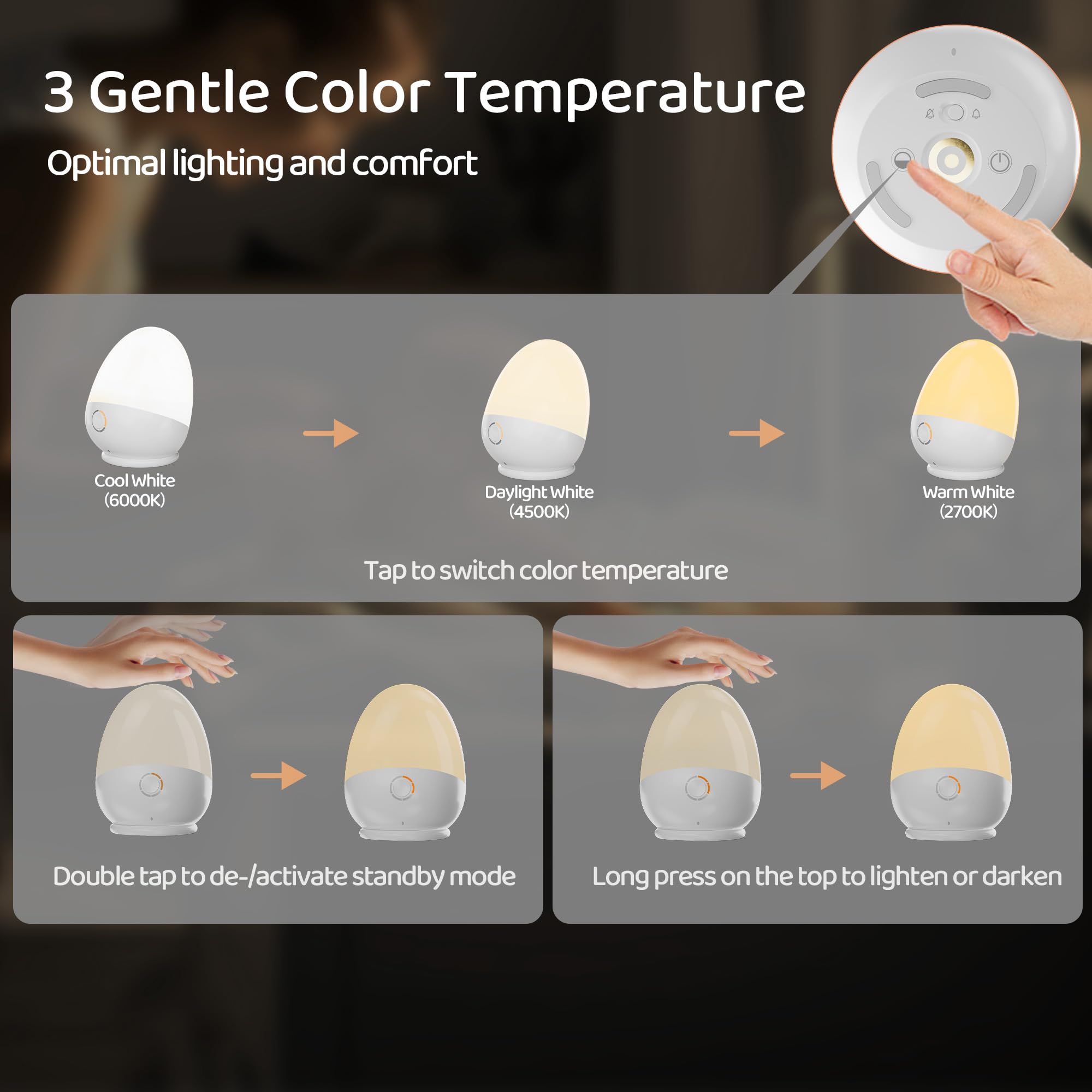Rechargeable Touch Egg Night Light for Baby Nursery - Portable Kids Nightlight with 1-6H Feeding Timer, 3 Color Temperatures & Dimmable LED - Perfect for New Moms, Toddlers Bedroom, Breastfeeding & Diaper Changes