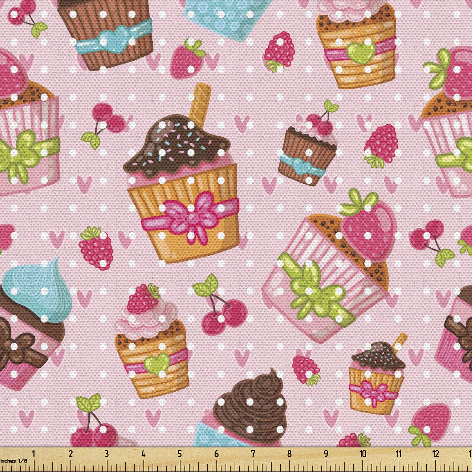 Ambesonne Pink Fabric by The Yard - Kitchen Cupcakes Muffins Strawberries & Cherries Food Print - Decorative Upholstery Fabric for Sofa, Curtains, Pillows - 10 Yards Pink Brown - Perfect for Home Decor, DIY Projects & Crafting