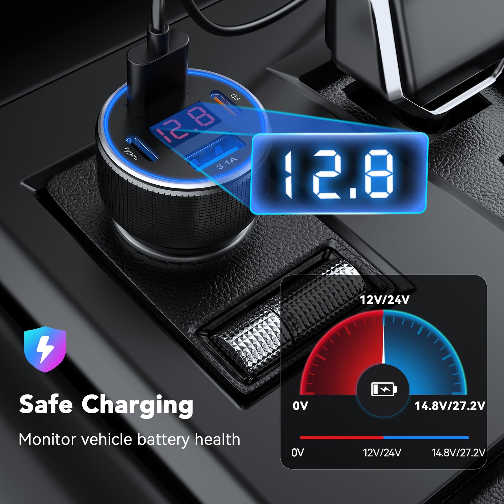 78W 4-Port USB C Car Charger with Voltmeter - Fast Charging Adapter for iPhone 16/15/14/13 Pro, Samsung Galaxy, iPad - Perfect for Road Trips & Multi-Device Charging in Vehicles