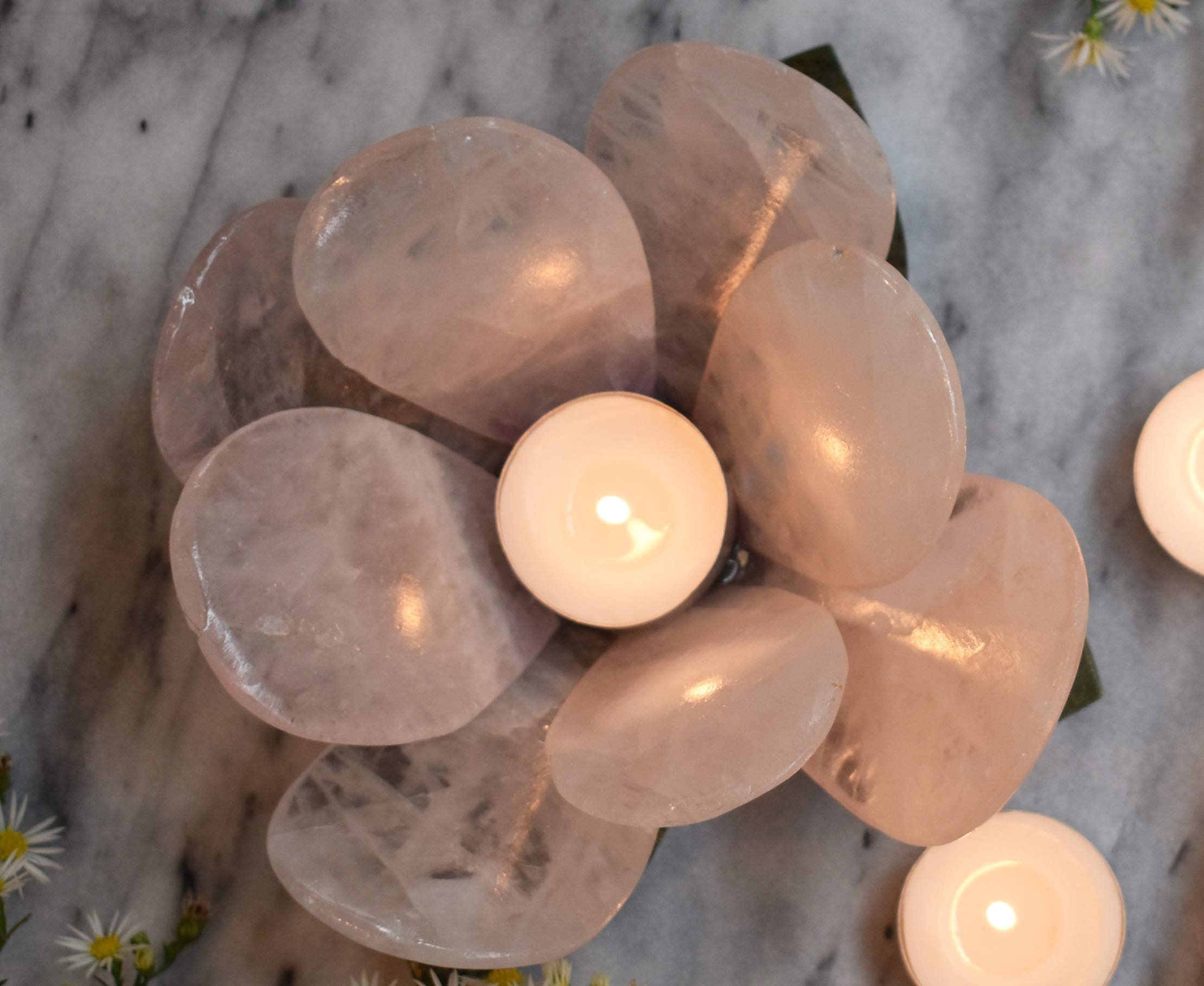 Rose Quartz Lotus Flower Votive Candle Holder - 6.5 Inch Large Tealight Candle Holder for Meditation, Yoga, Spa & Home Decor | Natural Stone Decor