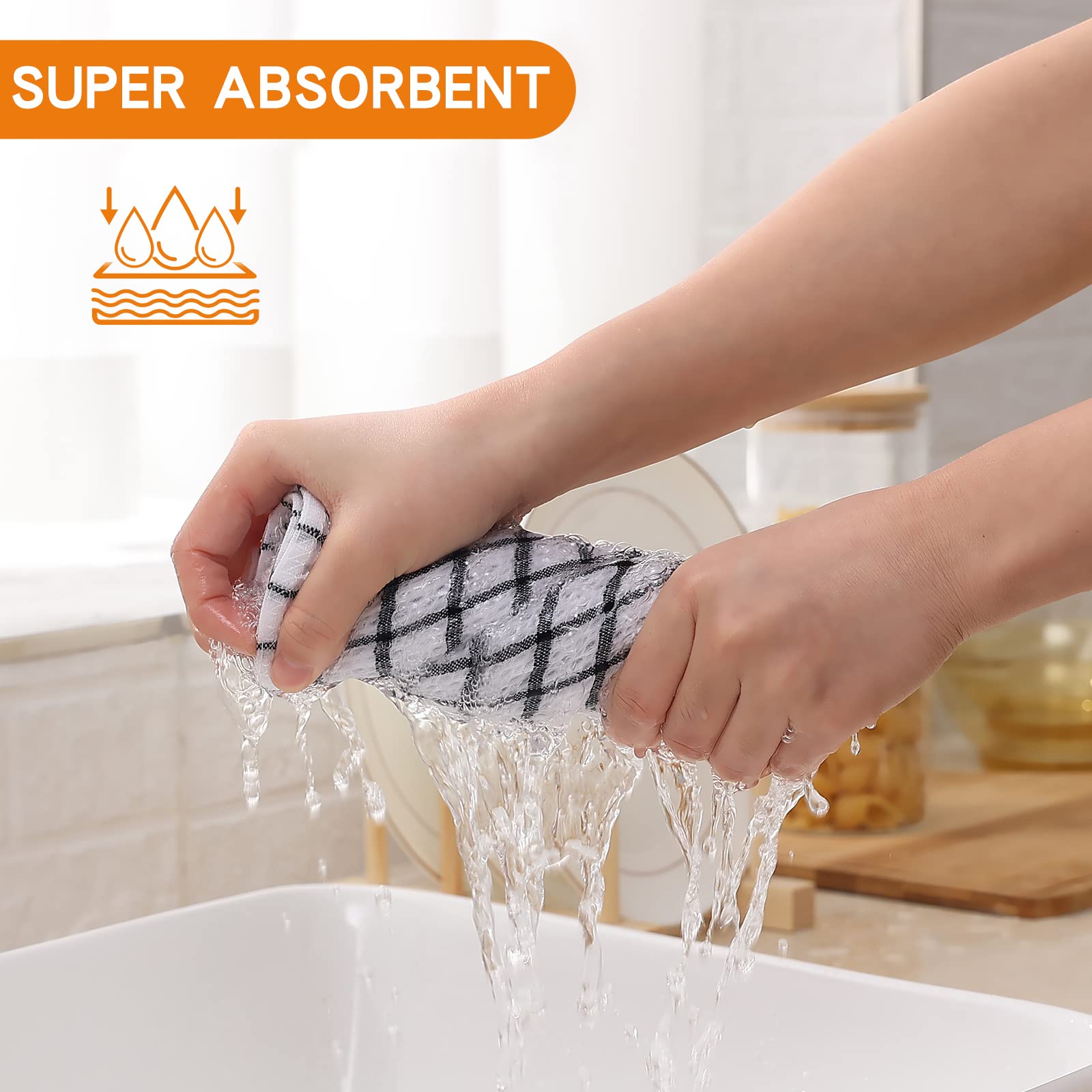 Fintale Cotton Dish Cloths - Super Absorbent Kitchen Towels for Drying & Washing Dishes - 6 Pack (Black) - Home & Restaurant Use