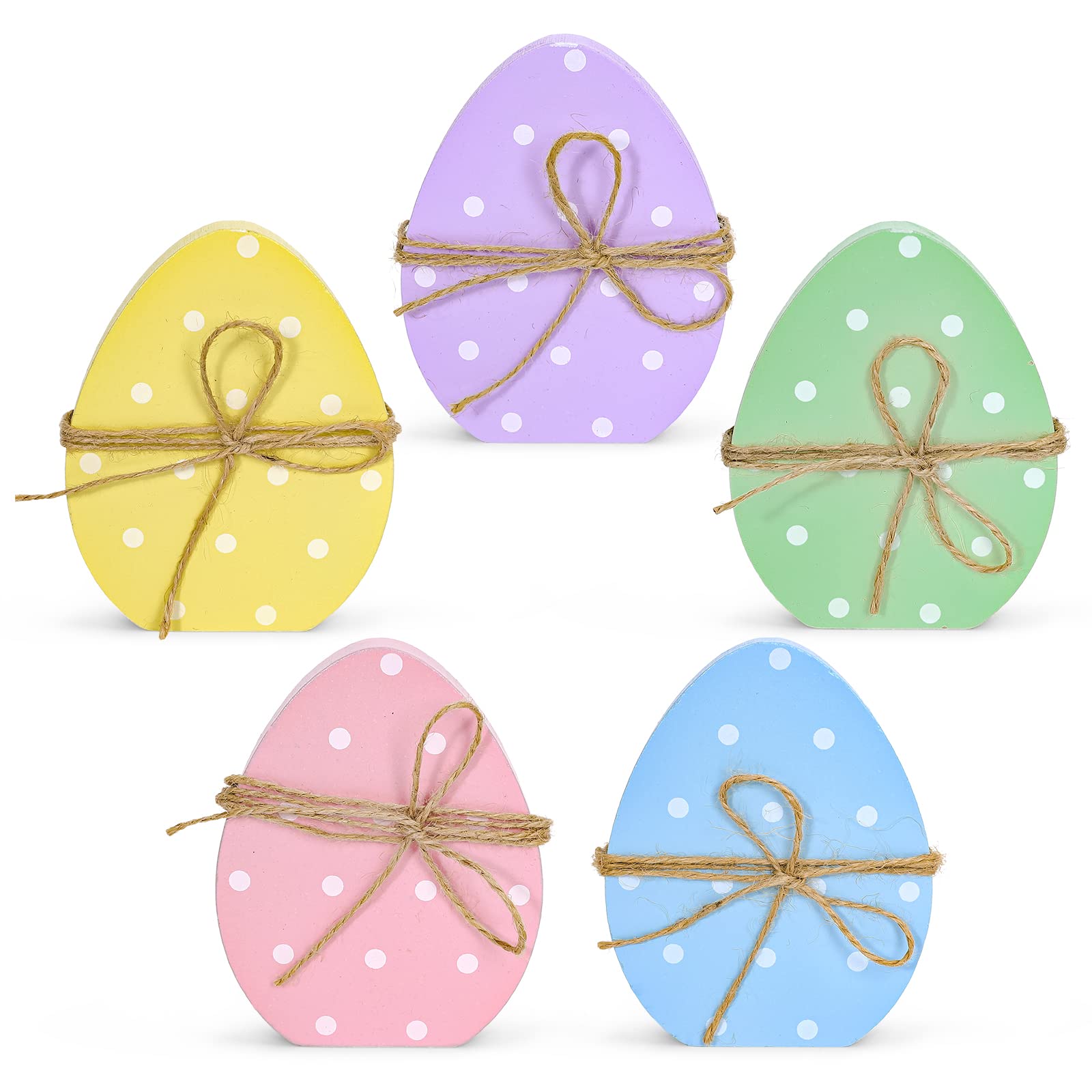 Whaline 5Pcs Easter Wooden Egg Decor - Polka Dot Table Centerpieces, Spring Easter Standing Egg Signs for Tiered Tray & Home Party Decor - Perfect for Easter Tablescapes, Spring Home Decor & Holiday Celebrations