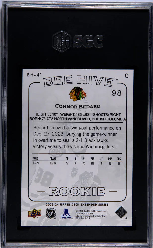 2023-24 Upper Deck Extended Series Connor Bedard Rookie Card Beehive SGC 10 Gem Mint - Perfect for Hockey Card Collectors and Sports Memorabilia Enthusiasts