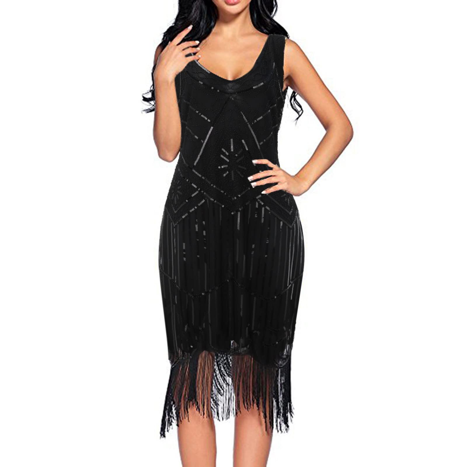FMCHICO Plus Size 1920s Vintage Fringed Sequin Beaded Tassels Hem Flapper Dress for Women - Roaring 20s Gatsby Party, Halloween Costume, Vintage Theme Wedding & Special Occasion Outfit