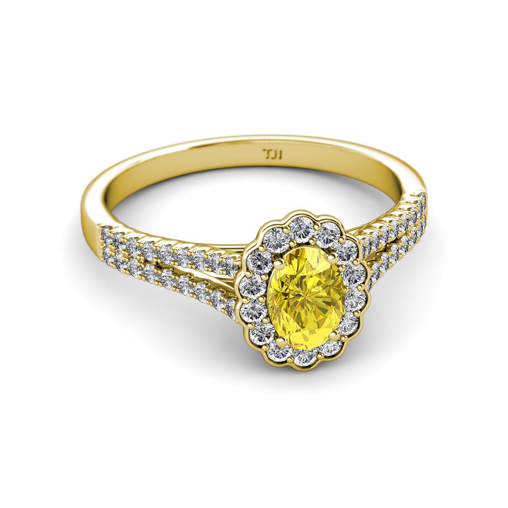7x5mm Yellow Sapphire Diamond Halo Ring - 14K Gold for Engagement
