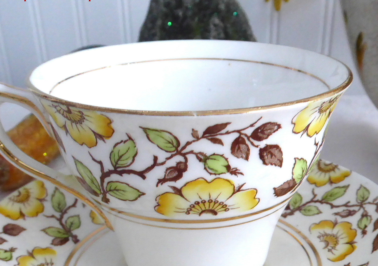 Vintage Rosina England Hand-Painted Floral Tea Cup and Saucer Set - Yellow Dog Roses Brown Transferware for Afternoon Tea, Collectible English Bone China