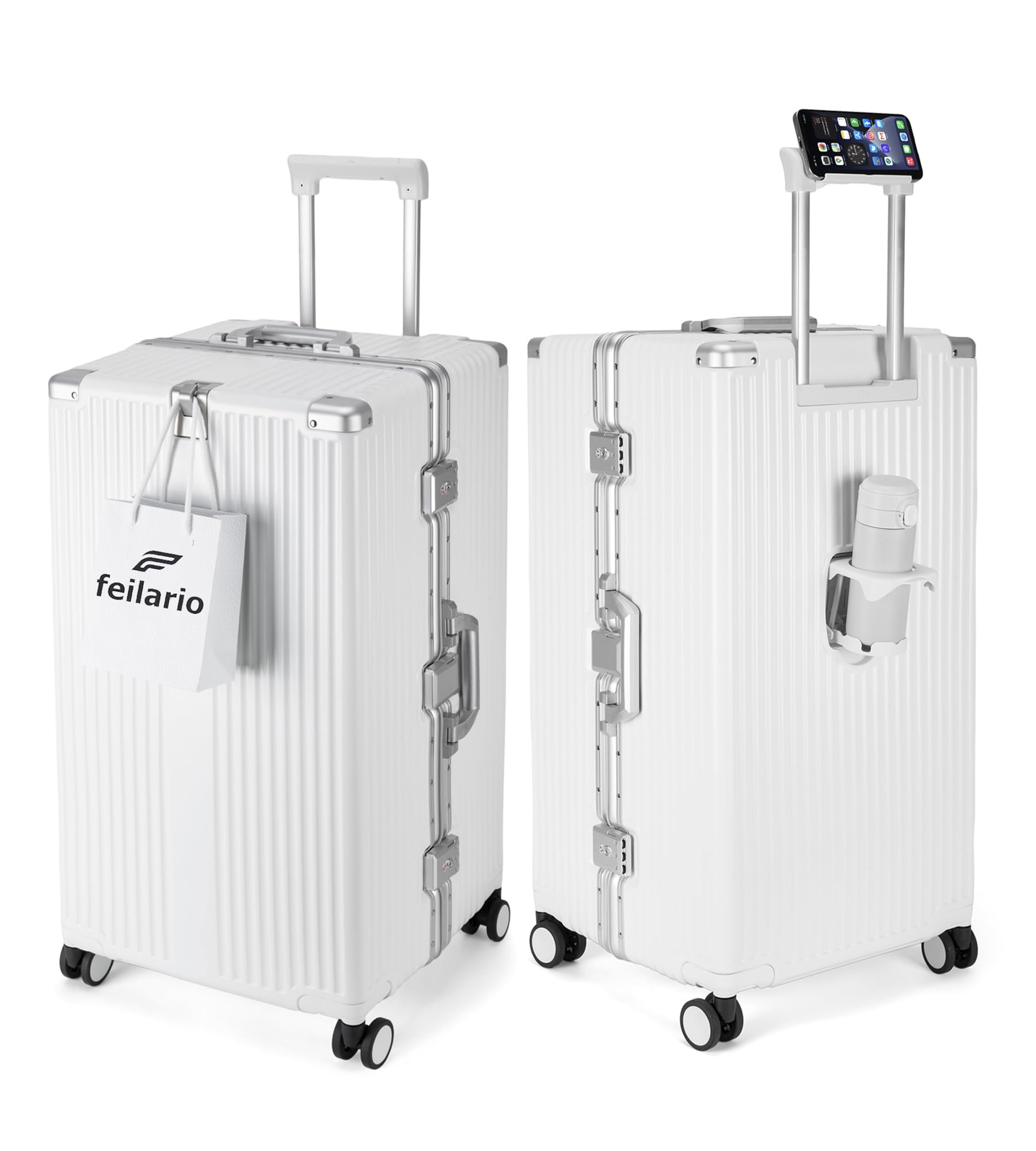 Feilario 30-inch Aluminum Frame Hardside Spinner Luggage - Zipperless Large Checked Suitcase with Cup Holder & Phone Holder | Perfect for Business Travel, Vacation & Airplane Carry-On