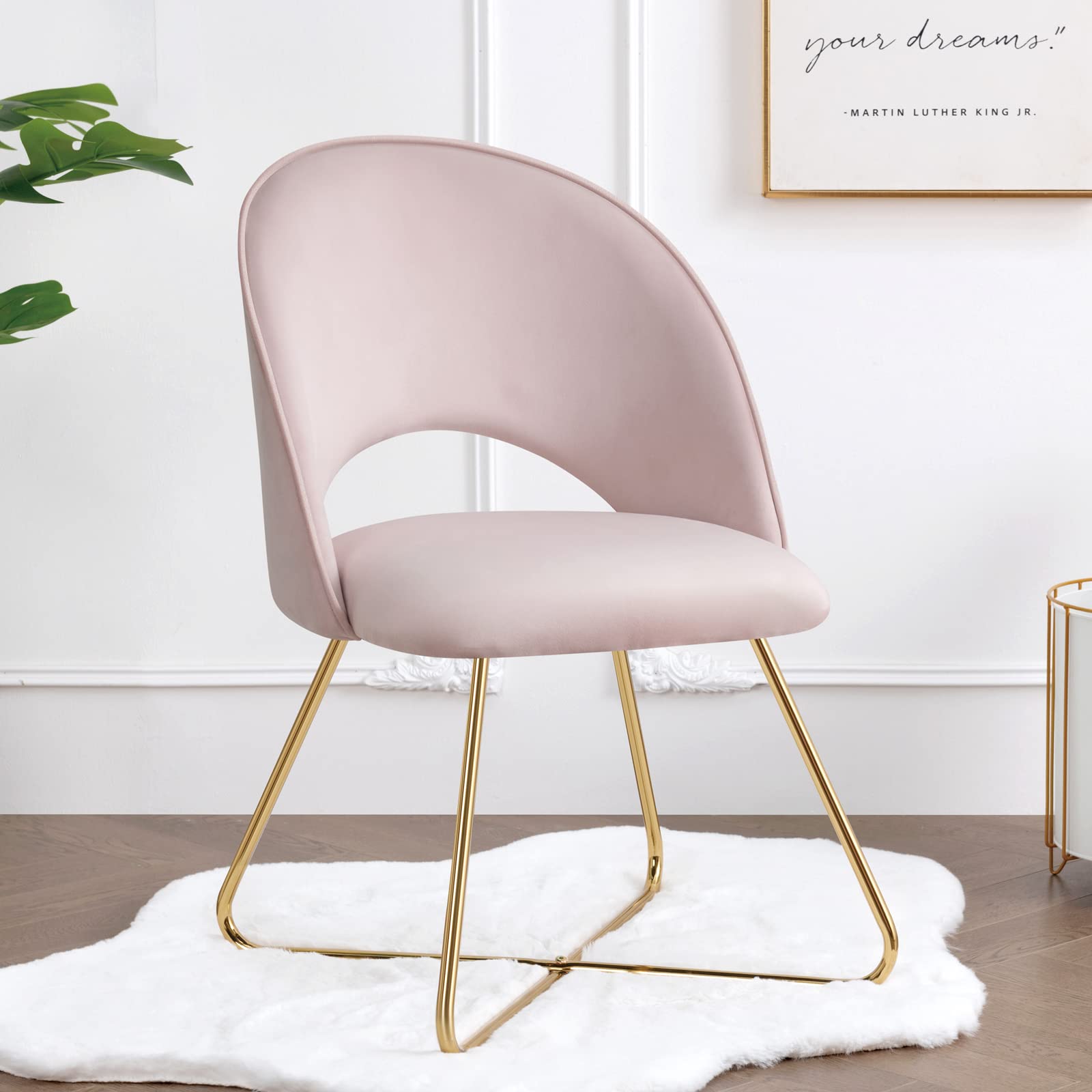 Furnimart Modern Velvet Accent Chair with Gold Metal Legs - Curved Mid-Back Upholstered Vanity Chair for Living Room, Bedroom, Office & Guest Reception - Soft Salmon Pink - Perfect for Home Decor, Reading Nook & Makeup Dressing Area