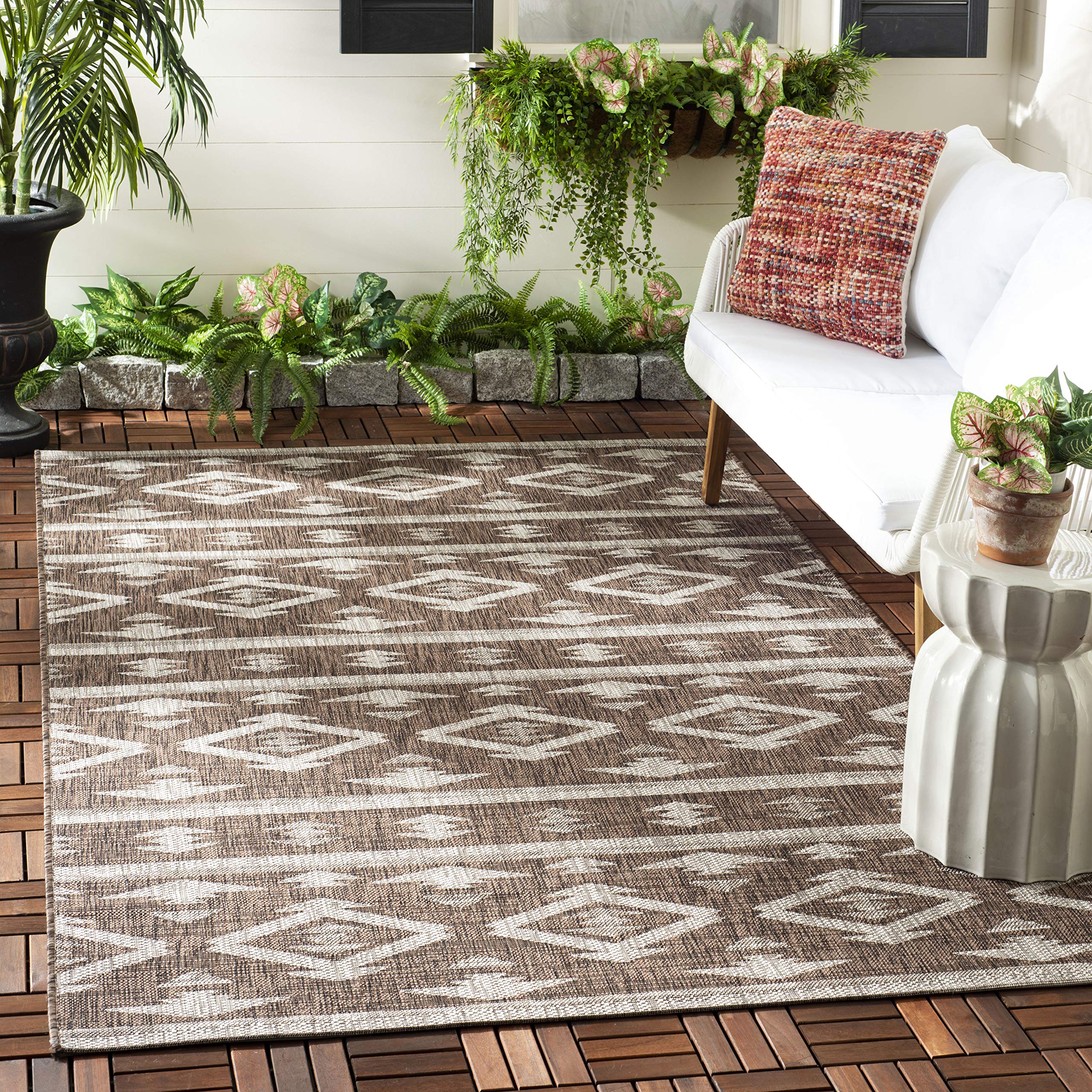 SAFAVIEH Courtyard Collection 8' x 11' Brown/Ivory Indoor Outdoor Waterproof Rug - Easy to Clean, Stain Resistant for Patio, Backyard, Mudroom, Deck & Poolside (Model CY8863)
