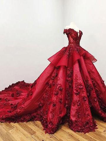 Elegant Off Shoulder Red Lace Ball Gown - Long Evening Prom Dress for Women | Custom Sweet 16 Dresses | Perfect for Formal Events, Homecoming, Quinceañera & Special Occasions