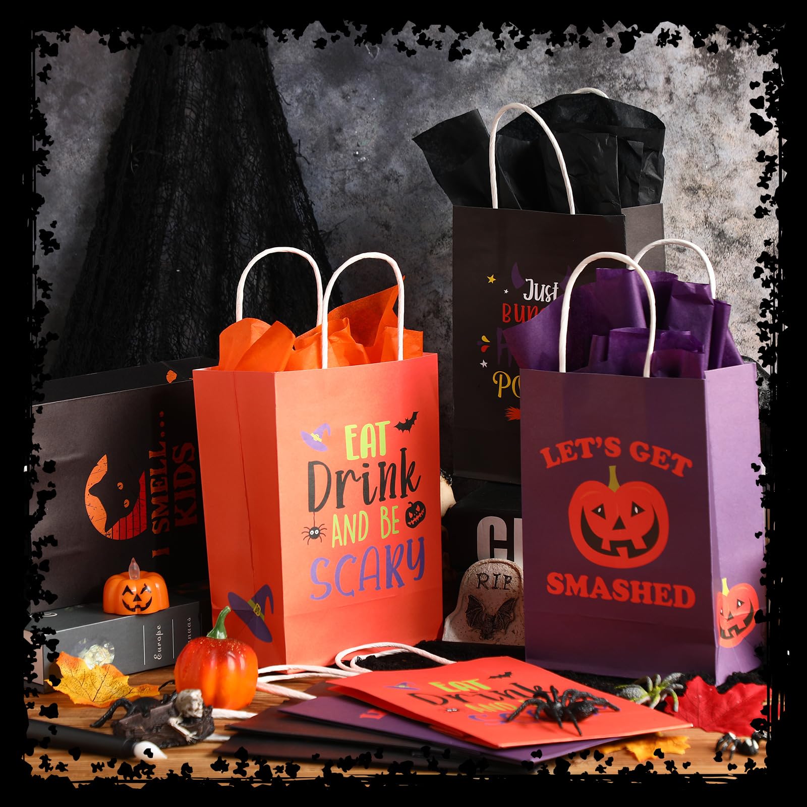 Silkfly Halloween Treat Bags with Tissues - 8.3'' Halloween Paper Gift Bags with Handles for Candy, Snacks & Party Favors - 4 Festive Designs - Perfect for Halloween Parties, Birthday Celebrations & Holiday Gift Wrapping