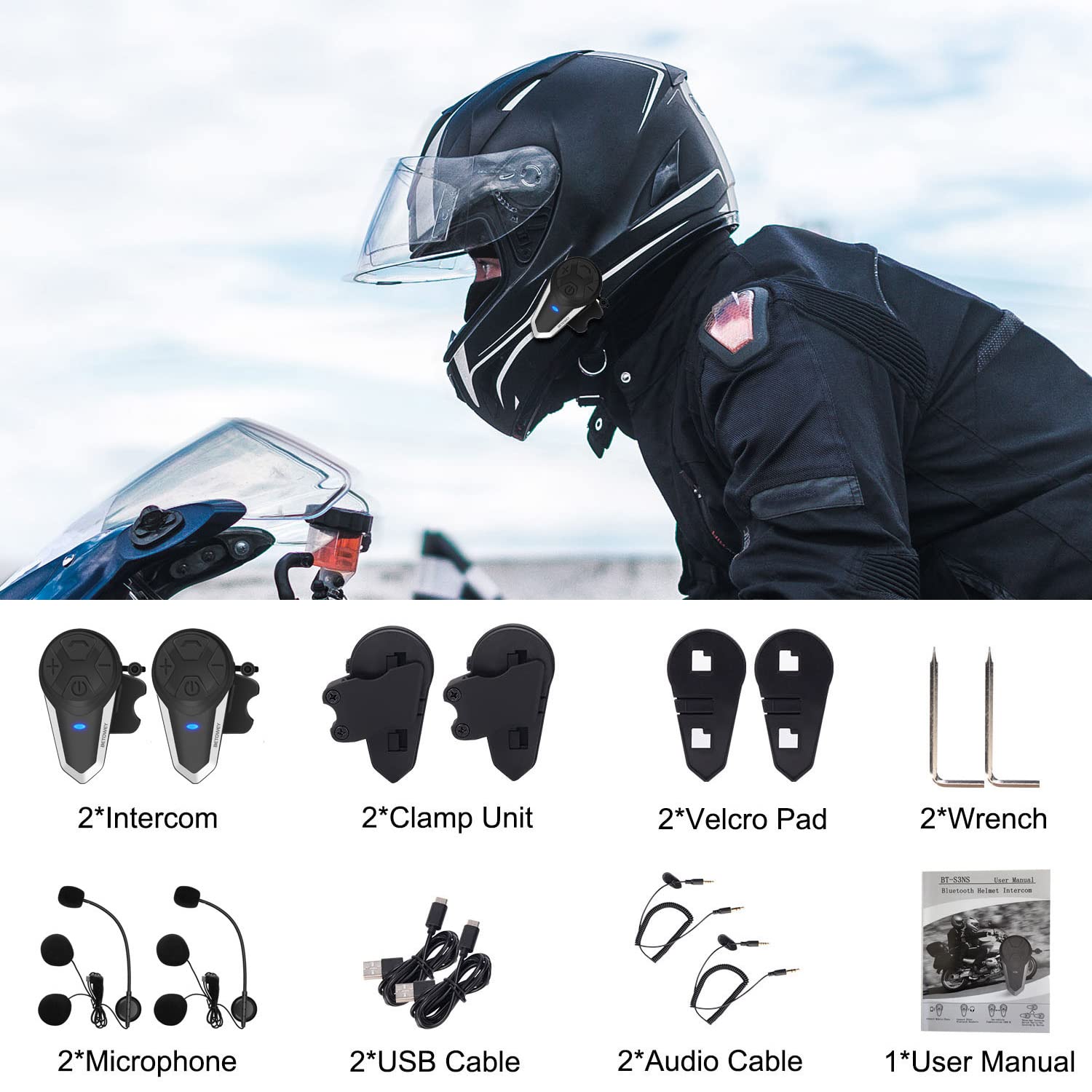 BETOWEY BT-S3 Bluetooth Motorcycle Intercom System - 2-Way Communication for Riders, Hands-Free Headset Built into Ski & Motorcycle Helmets - Perfect for Group Rides, Road Trips & Outdoor Adventures