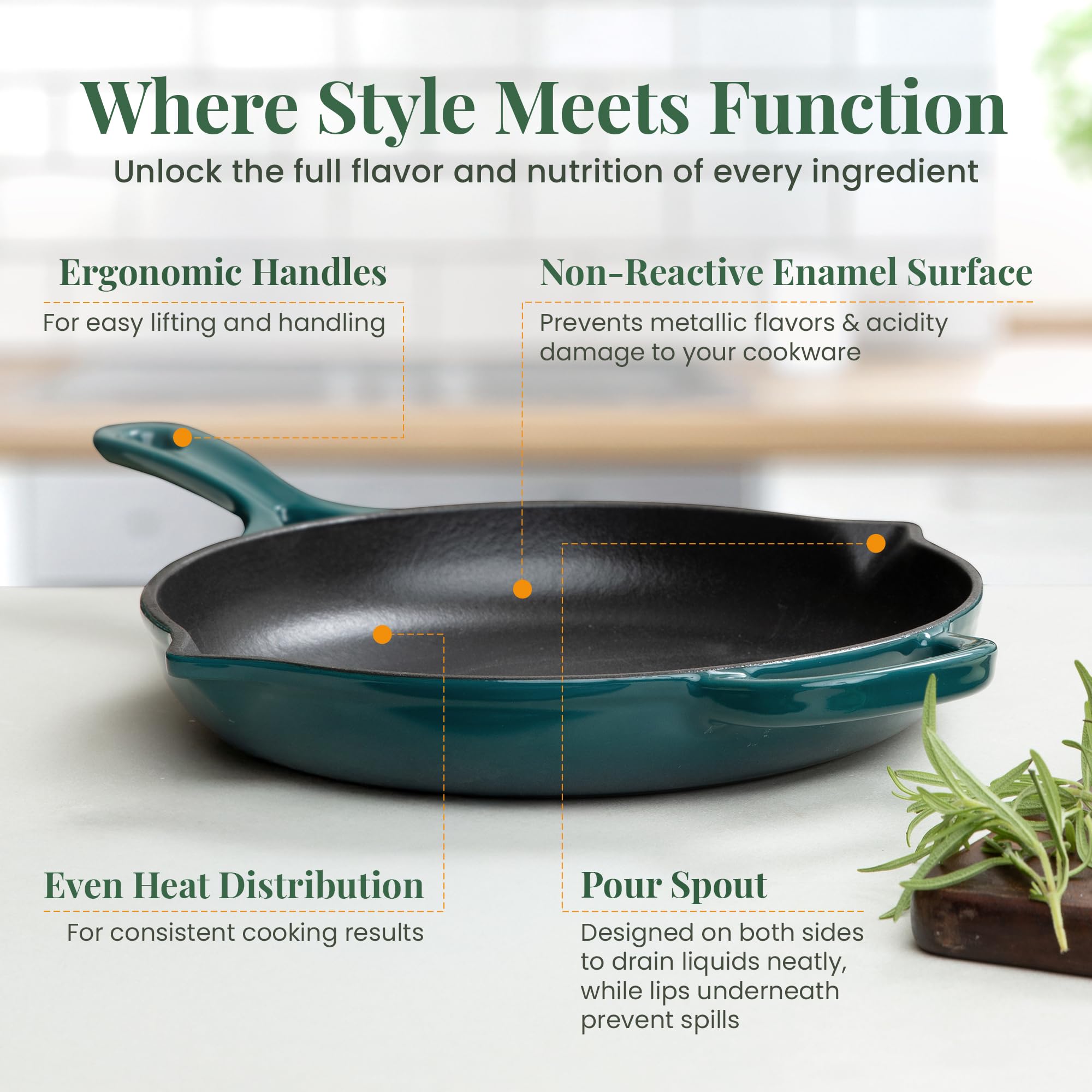 Larder & Vine Enameled Cast Iron Skillet - 10.25 Inch Pre-Seasoned Cast Iron Pan with Pour Spouts & Lid, Oven & Stovetop Safe to 500°F (Bondi Blue) - Perfect for Searing, Frying, Baking & Camping Cooking