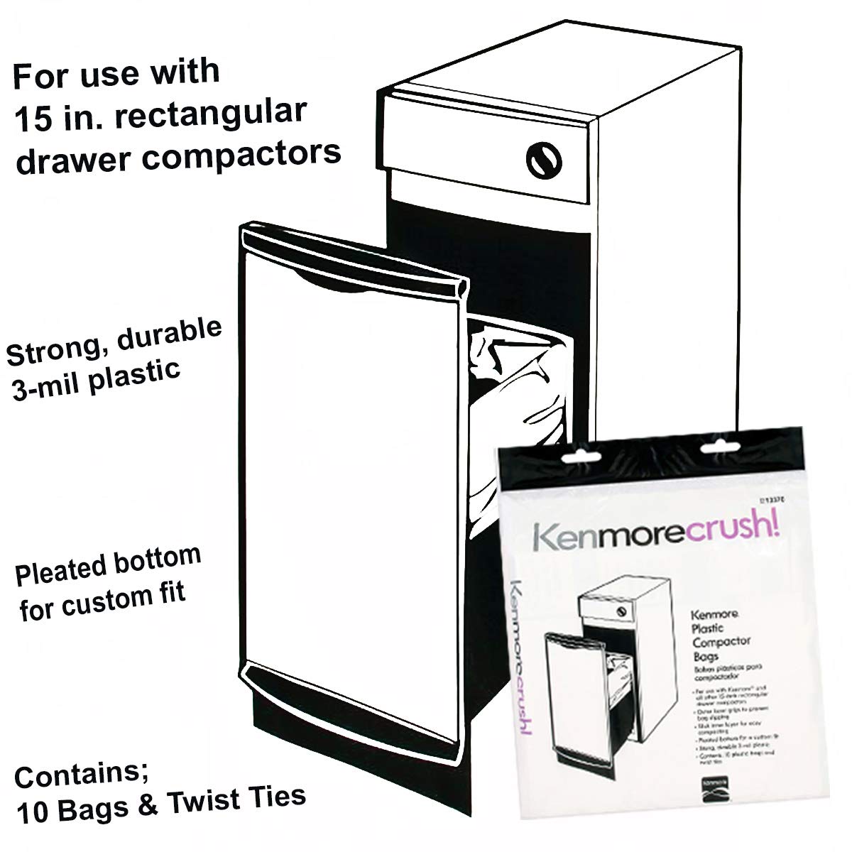 Heavy Duty Trash Compactor Bags - 60 Count - Fits All 15-inch Rectangular Drawer Compactors - Made in USA - Perfect for Kitchen, Office & Commercial Waste Disposal