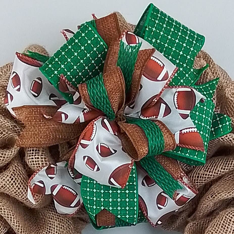 Handmade Burlap Wreath Bow Embellishments - Farmhouse Style Layered Lantern Wreath Decor (Set of 10, Green/Brown Football Theme) - Perfect for DIY Wreath Making, Front Door Decor, and Seasonal Home Decoration