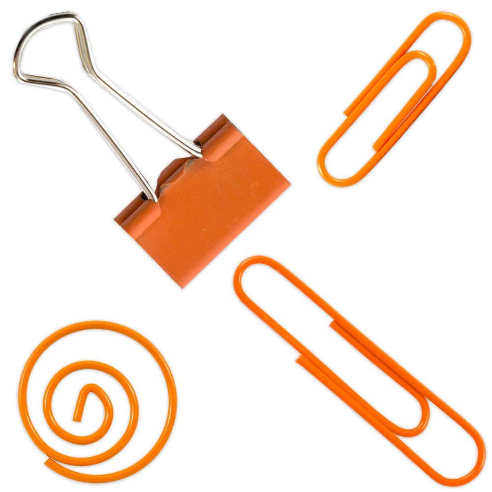 JAM PAPER Office Clip Assortment - 1 Binder Clip, 1 Round Paper Cloop, 2 Paper Clips (Regular & Jumbo) - 4-Pack Orange - Perfect for Organizing Documents, School Supplies, and Office Work