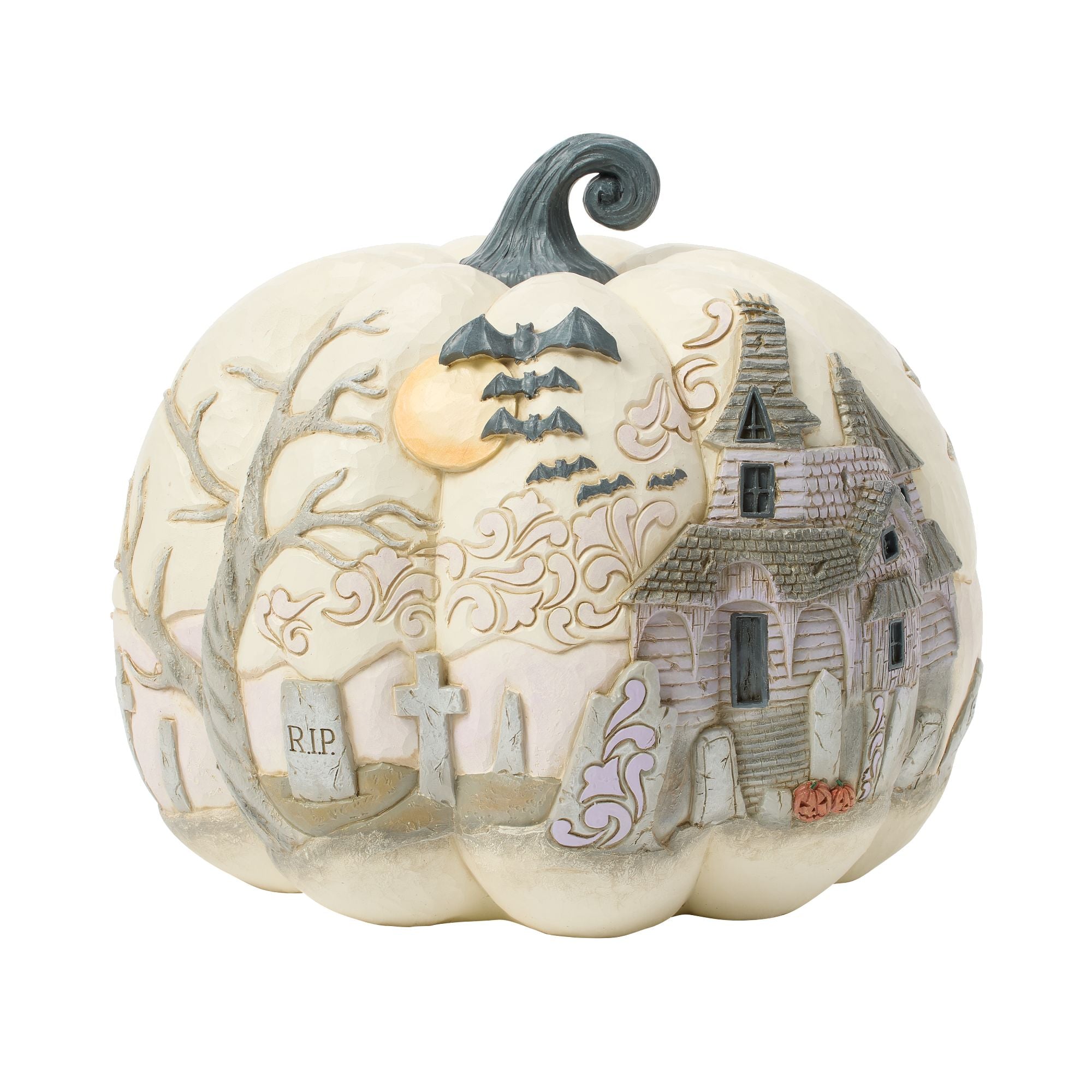 Halloween Pumpkin Decor with Flying Bats - Spooky Figurine for Home, Party, and Outdoor Decorations