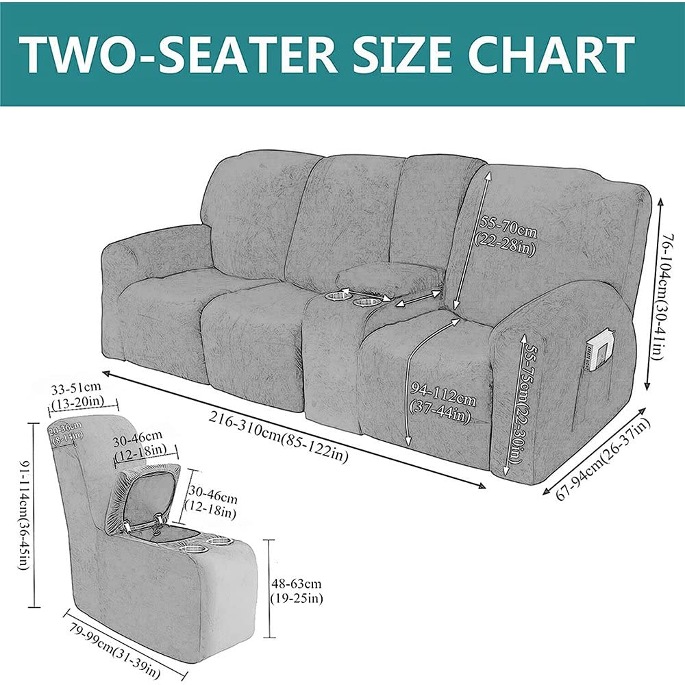 Velvet Stretch Recliner Sofa Slipcover with Cup Holders - 8-Piece Set for 2-Seat Love Seat Recliner with Middle Console | Thick, Soft & Machine Washable | Perfect for Living Room, Home Theater & Family Room (Beige)