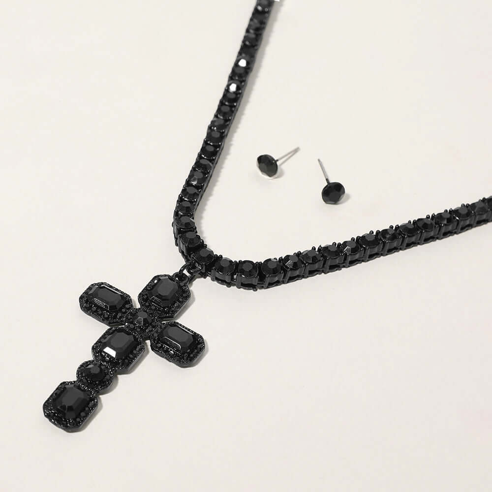 Black Embellished Cross Pendant Necklace with Bling Studs & Chunky Chain - Gothic Jewelry for Women, Perfect for Parties, Concerts & Everyday Fashion