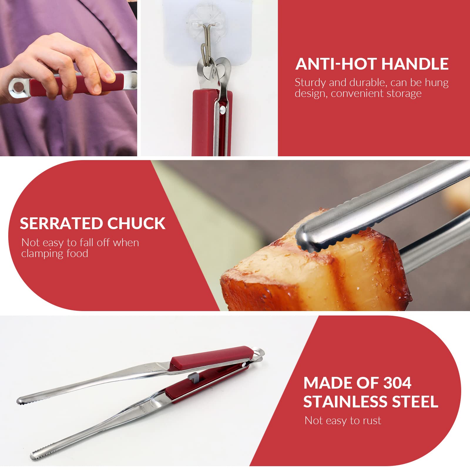 Premium 10-Inch Stainless Steel Kitchen Tongs with Teeth - Heavy Duty BBQ Grill Tongs for Cooking, Serving & Frying - Heat Resistant, Strong Grip Metal Tongs for Grilling, Barbecue, Salad & Food Prep (Red)