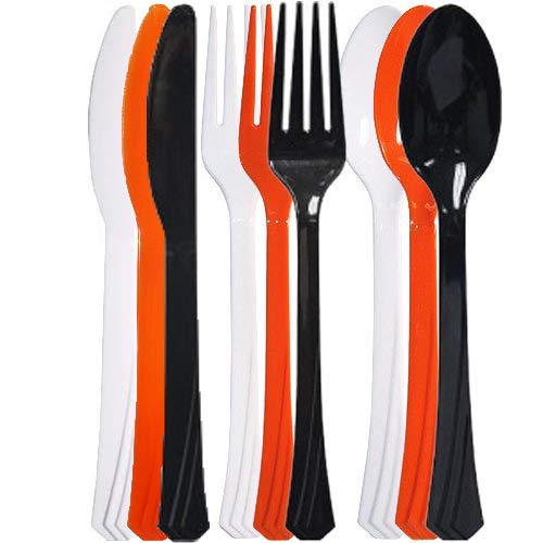 **Tiger Chef Halloween Plastic Cutlery Set - 72-Piece Black, Orange & White Party Silverware (24 Forks, 24 Teaspoons, 24 Knives) - Durable Disposable Flatware for Halloween Parties, Themed Events & Spooky Gatherings**