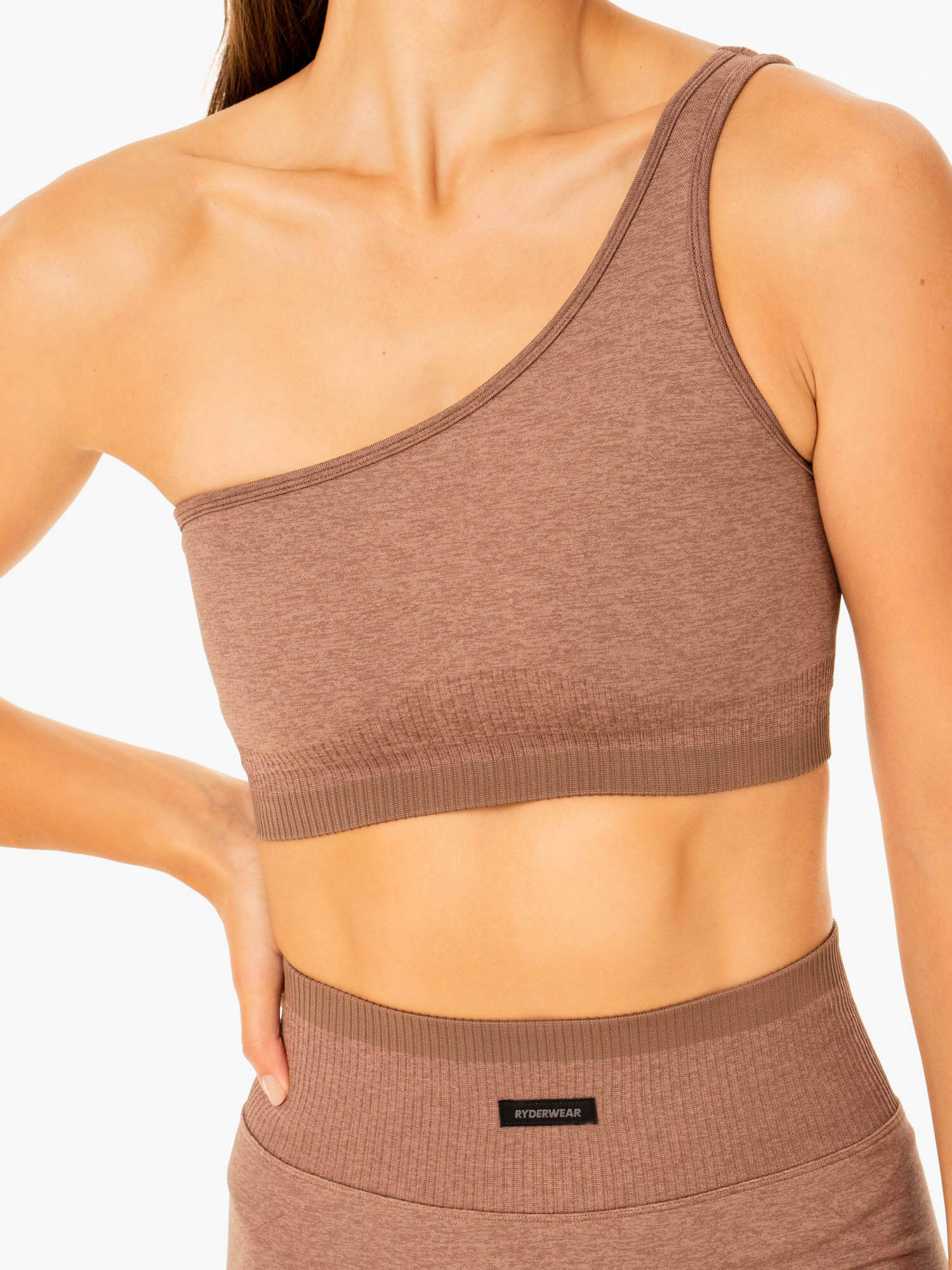 Excel Seamless One Shoulder Sports Bra for Women - Mocha Marl - High Support Workout Top for Yoga, Running & Gym
