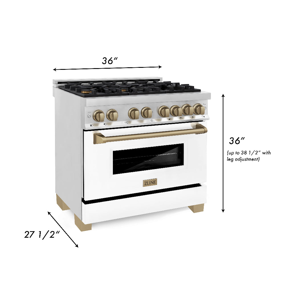 ZLINE Autograph Edition 36-inch Stainless Steel Dual Fuel Range with White Matte Door, Range Hood & Dishwasher - Champagne Bronze Accents (3AKP RAWMRHDWM36 CB) | Professional Kitchen Package for Home Chefs & Modern Cooking Enthusiasts