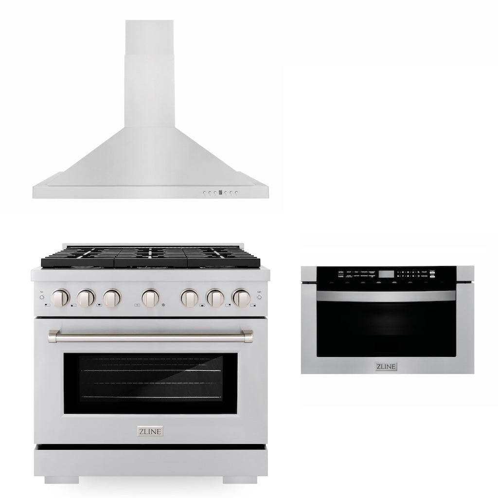 ZLINE 36 Inch Stainless Steel Gas Range Kitchen Package with Convertible Vent Hood & Microwave Drawer - 3KP SGRRH36 MW - Perfect for Modern Kitchens & Open Concept Homes