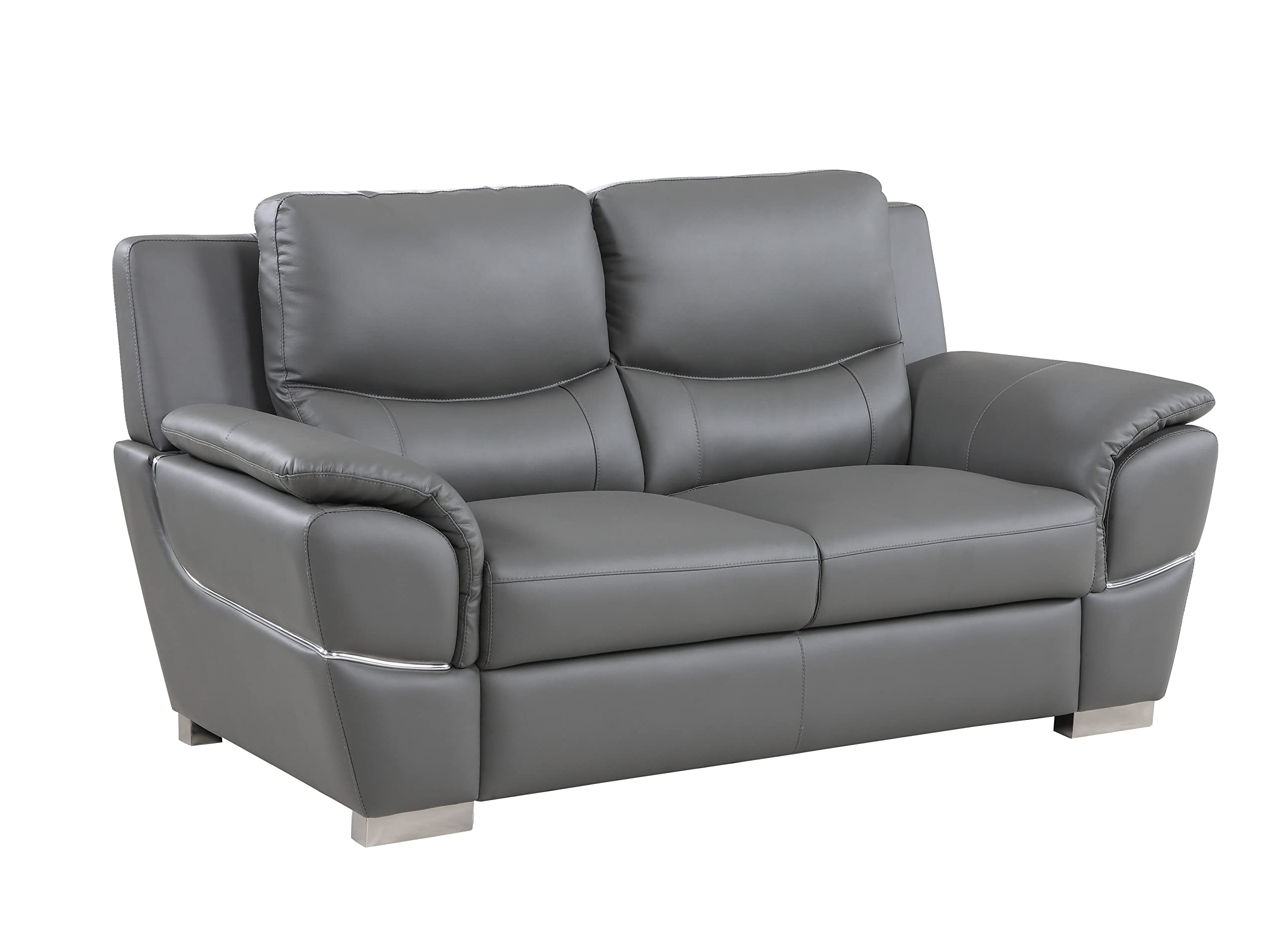 Binion Modern Genuine Leather Loveseat - 1-Piece Upholstered Sofa with Padded Headrest, Wide Arms & Chrome Accents for Living Room - Elegant Gray Leather Couch for Small Spaces, Apartments & Cozy Home Decor