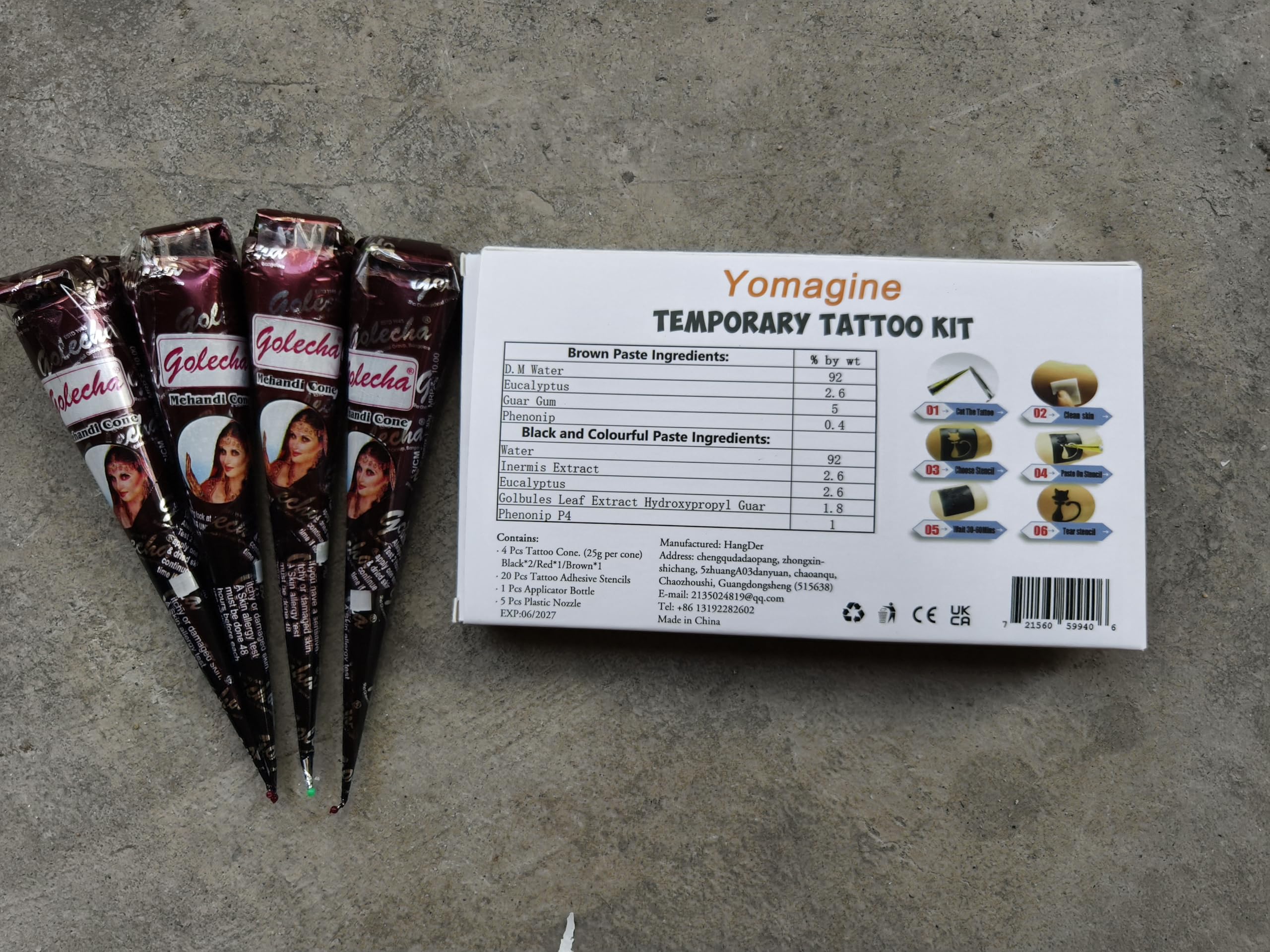 6Pcs Temporary Tattoo Kit with 3 Colors - Semi Permanent Body Art for Women, Men & Kids | Includes 20Pcs Adhesive Stencils, 1 Bottle & 4 Nozzles | Perfect for Summer DIY Tattoos, Parties, Festivals & Creative Body Painting