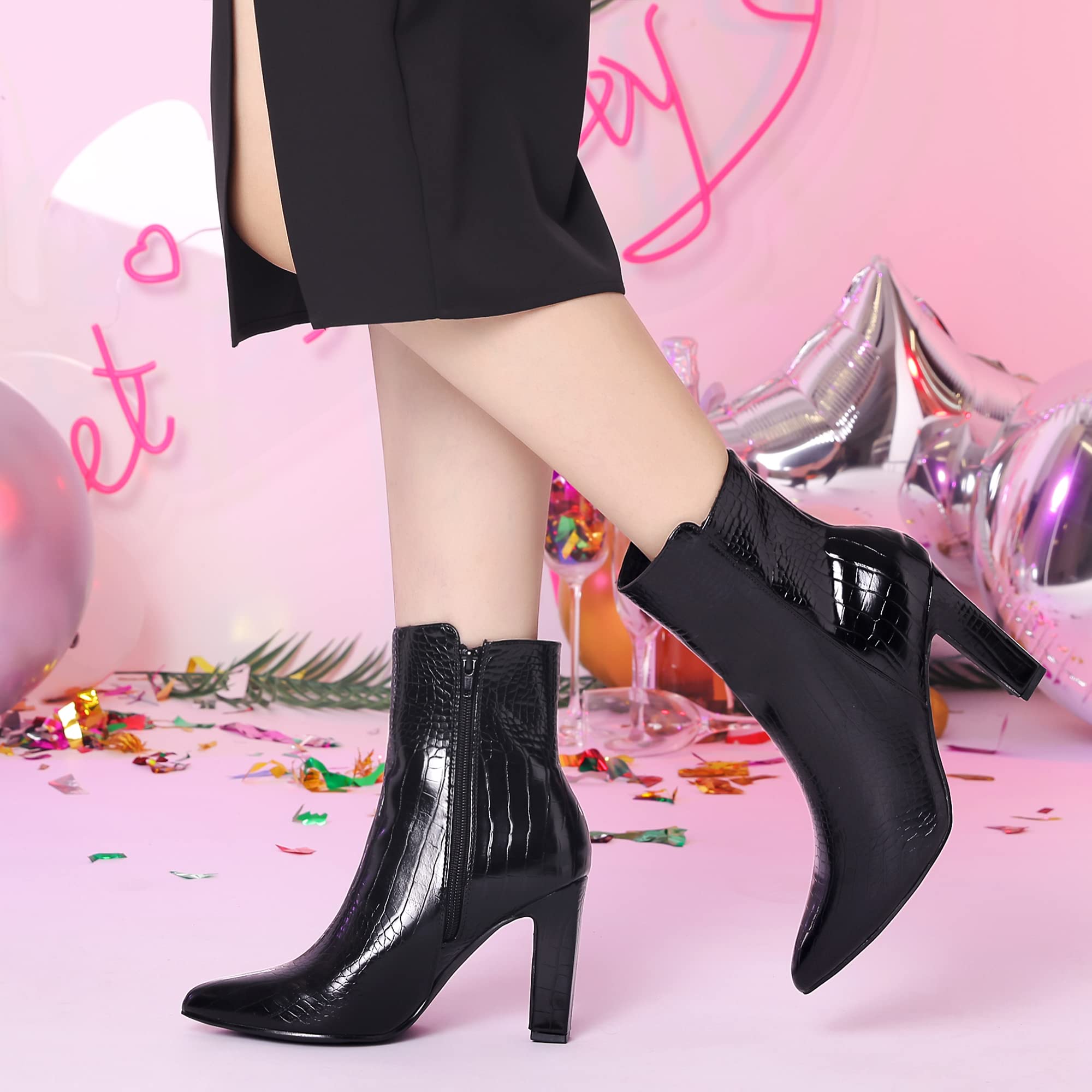 Allegra K Women's Printed Pointed Toe Chunky Heel Ankle Boots - Stylish Fall & Winter Fashion for Office, Party & Night Out