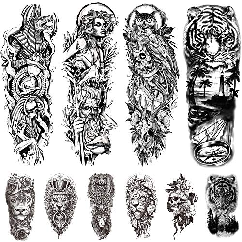 10Pcs Waterproof Full Arm Temporary Tattoo Stickers - Lion, Tiger & Skull Half Sleeve Fake Tattoos for Men | Long Lasting Body Art for Halloween, Cosplay & Costume Parties