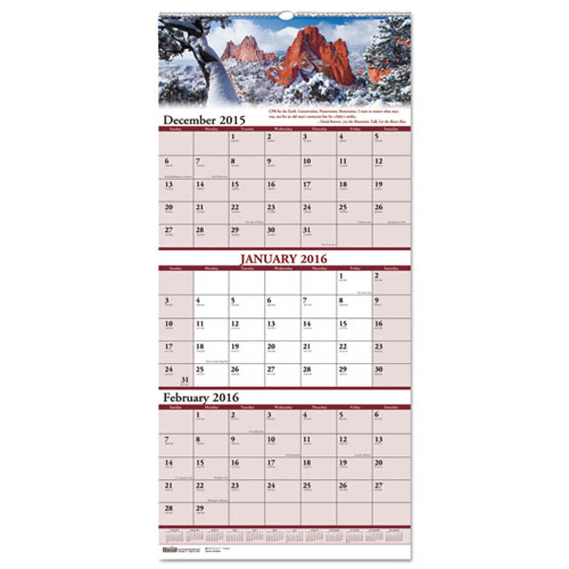 Scenic Compact 3-Month Horizontal Wall Calendar 8x17 Inches - 2015-2019 | Perfect for Home, Office & School Organization