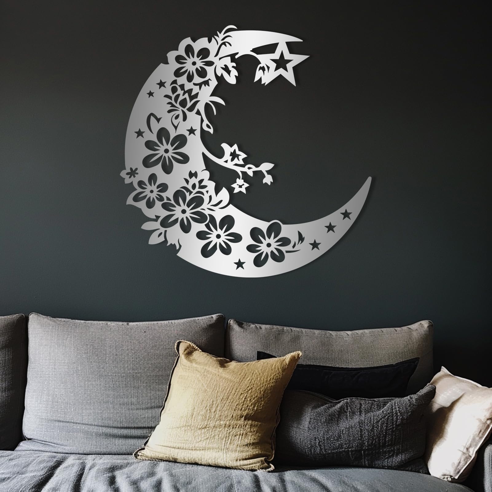 Metal Moon and Stars Wall Decor - Boho Moon Wall Art for Living Room, Bedroom & Office - Handcrafted Metal Flower Wall Hanging - Perfect for Home, Nursery & Workspace Decor