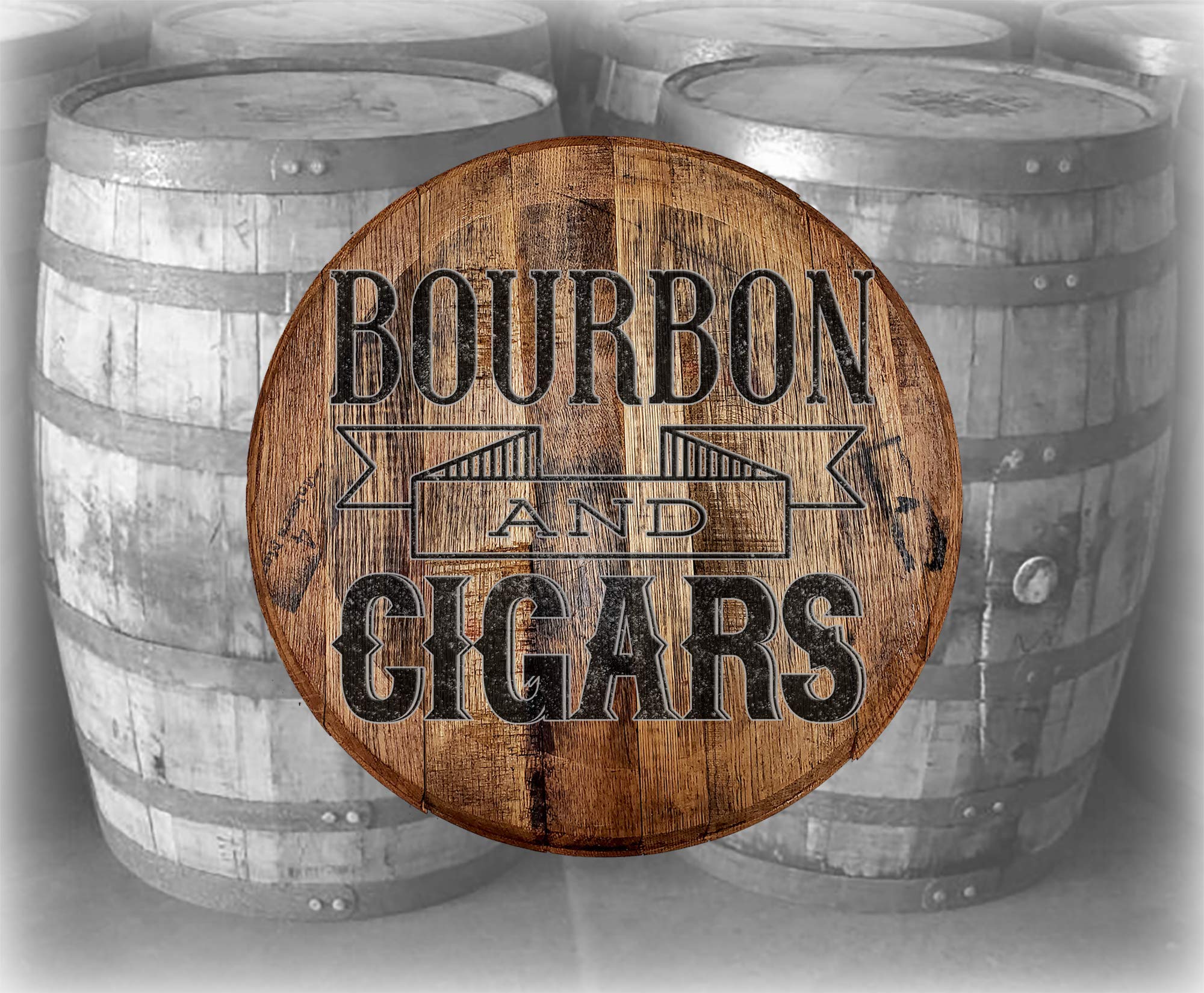 Vintage Bourbon Whiskey Barrel Top Bar Sign - Wooden Wall Art Decor for Men, Perfect for Home Bars, Man Caves & Gifts - Bourbon, Cigars & Casino Theme