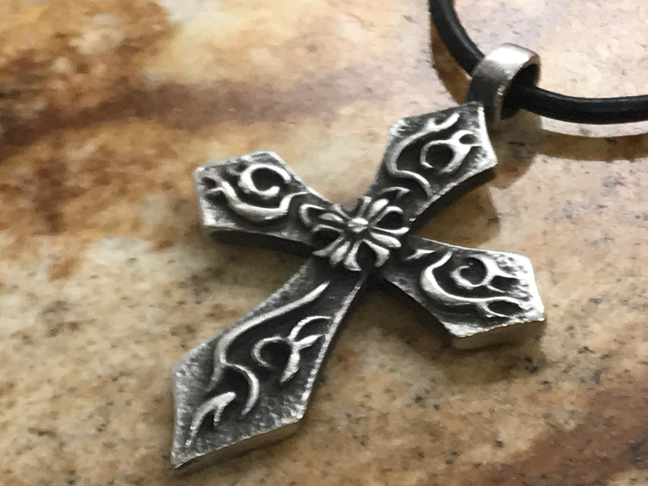 Trilogy Jewelry Pewter Flaming Cross & Iron Cross Pendant Leather Necklace for Men - Gothic Punk Style Religious Jewelry for Everyday Wear, Parties & Gifts