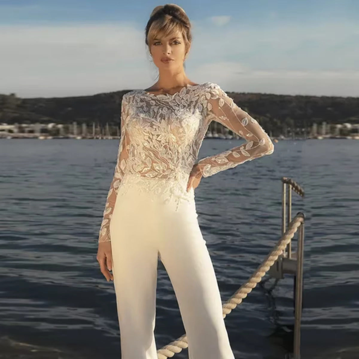 Elegant Illusion Lace Stretch Pants Wedding Dress with Detachable Overlay - Perfect for Bridal Gowns, Evening Gowns, and Special Occasions
