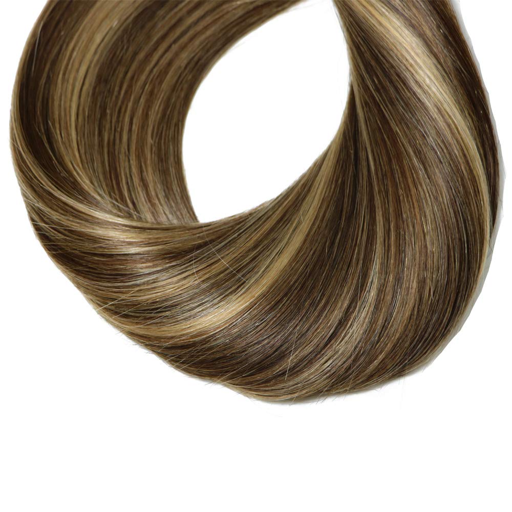 HUAYI Dark Brown Ombre Blonde Highlights Human Hair Extensions - 50g 20Pcs 18inch Tape-In Hair Weft, Soft Thick Ends, Tangle-Free, Long-Lasting Balayage Hair (Color 427, 18'') - Perfect for Parties, Weddings & Daily Styling