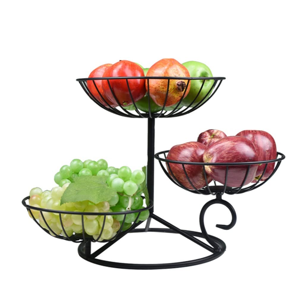 3-Tier Metal Wire Fruit Basket - Standing Organizer for Fruits, Vegetables, Bread & Snacks - Rustic Home Kitchen Decor (Black) | Perfect for Countertop Display, Pantry Storage & Party Serving