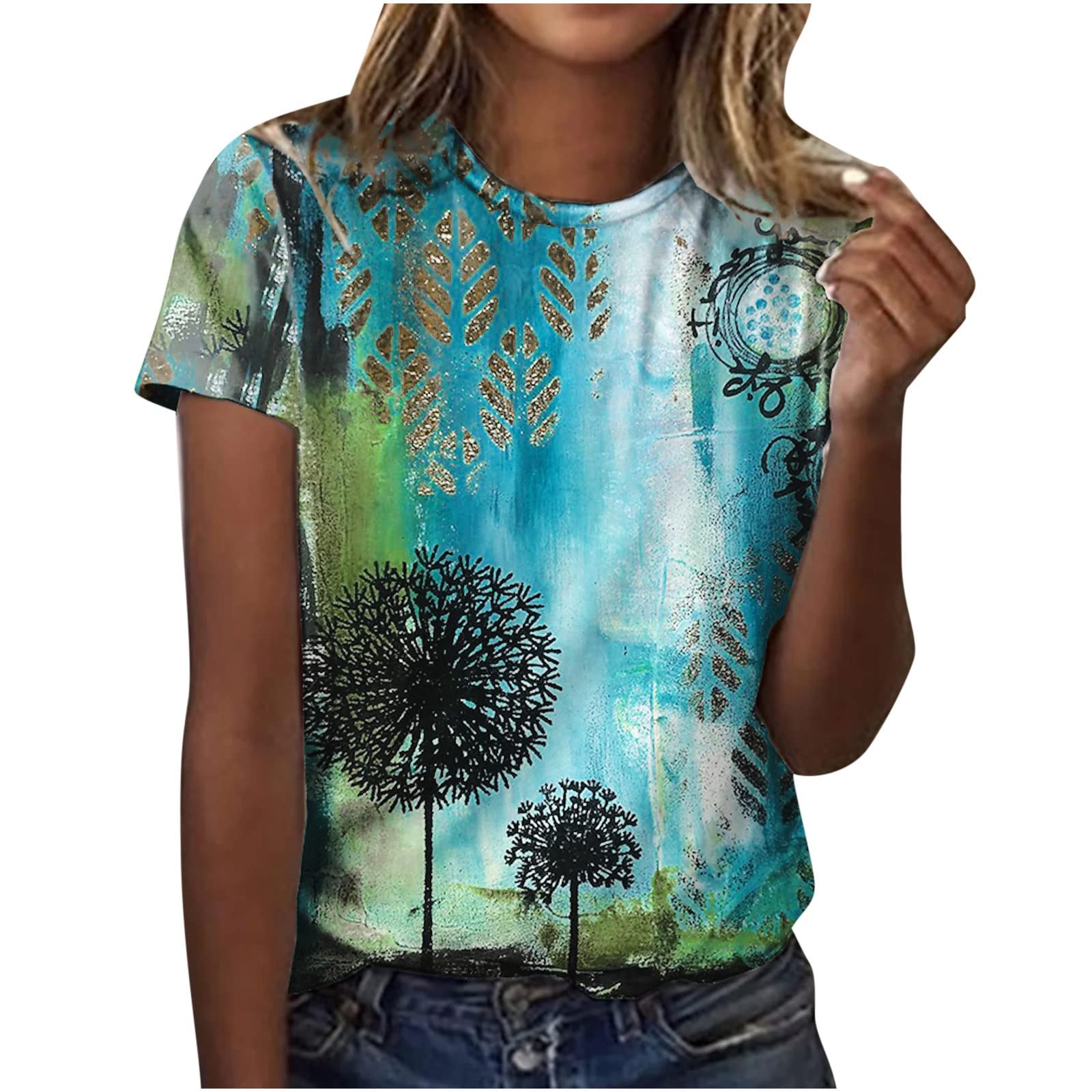Women's Floral Short Sleeve T-Shirt - Summer Casual Crewneck Tee with Dandelion Print - Loose Fit Comfortable Blouse for Everyday Wear, Outings & Vacation