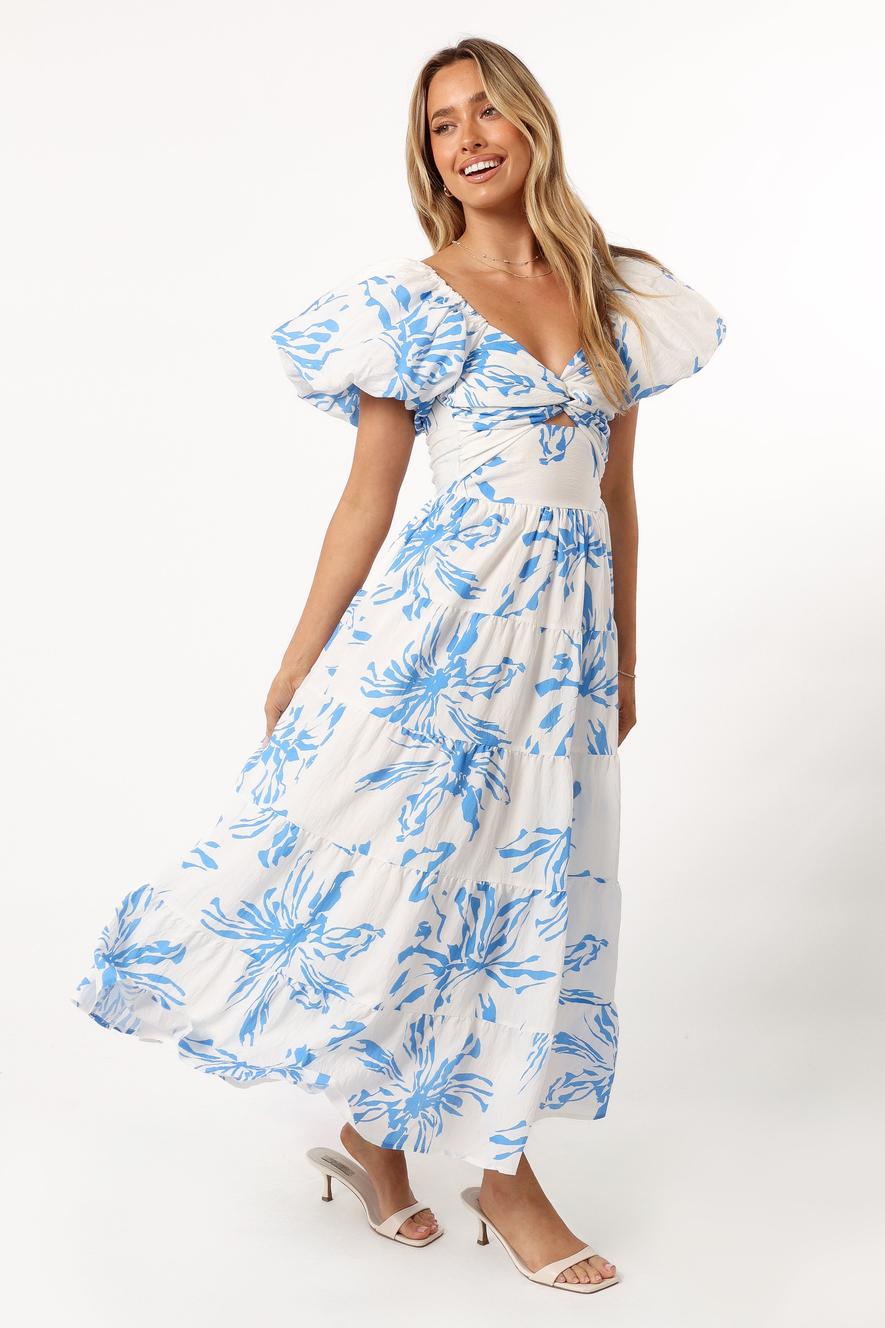 Dominique Midi Dress - Blue Floral Print Summer Dress for Women | Perfect for Beach Vacations, Garden Parties & Date Nights
