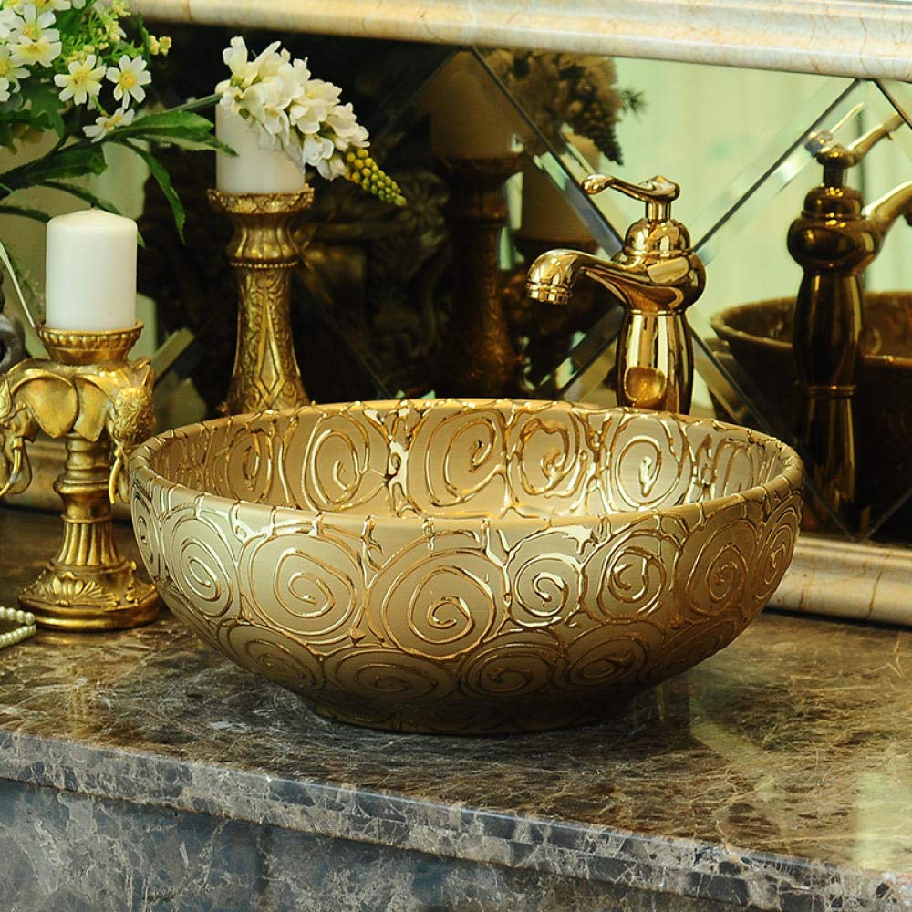 Premium SHAWLA Ceramic Vessel Sink - Modern Above Counter Bathroom Basin with Gold Accents | Handcrafted Jingdezhen Porcelain | Perfect for Luxury Master Bath, Powder Room & Spa Retreats