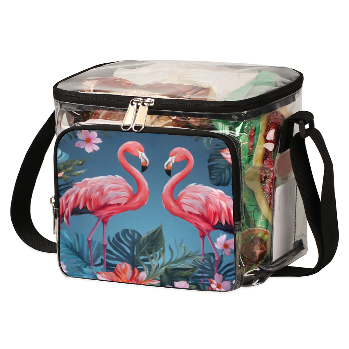 GzLeyigou Flamingo Floral Clear Tote Bag with Handles - Tropical Palm Tree Transparent Crossbody Shoulder Bag for Women - Perfect for Beach, Travel, Picnic, Concerts & Sports Events (Stadium Approved) - Waterproof Lunch Bag for Outdoor Activities