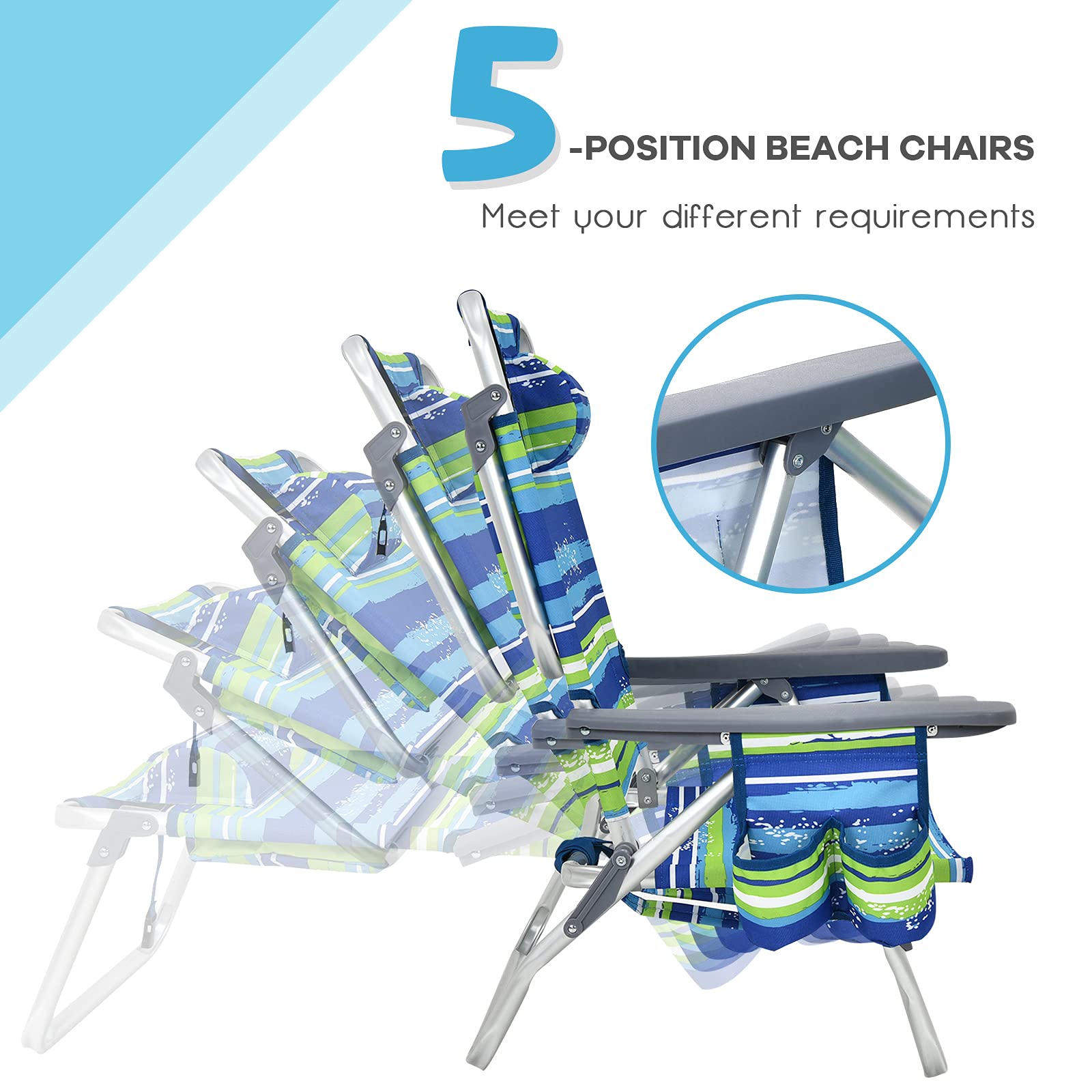 Goplus Folding Beach Chair for Adults - 5-Position Adjustable Backpack Chair with Head Pillow, Cooler Bag, Towel Bar & Cup Holders - Portable Sunbathing Lounge Chair for Beach, Poolside, Camping & Outdoor Relaxation