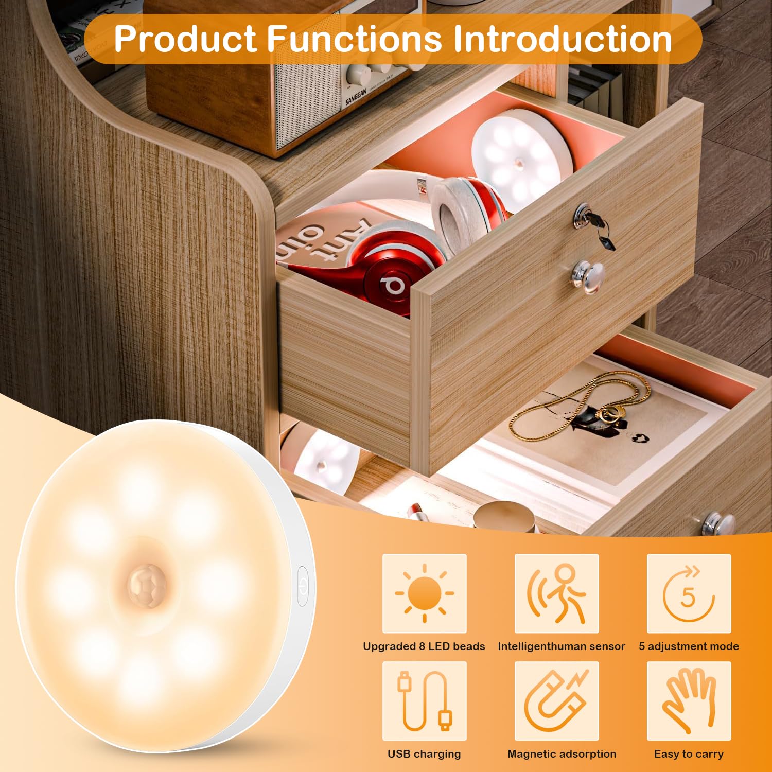 6 Pack Rechargeable LED Puck Lights with Motion Sensor - 1000mAh Battery Operated Tap Lights, Dimmable Push Lights for Closet, Under Cabinet, Stairs & Home Decor - USB Stick On Lights for Bedroom, Kitchen, Garage & Storage Spaces