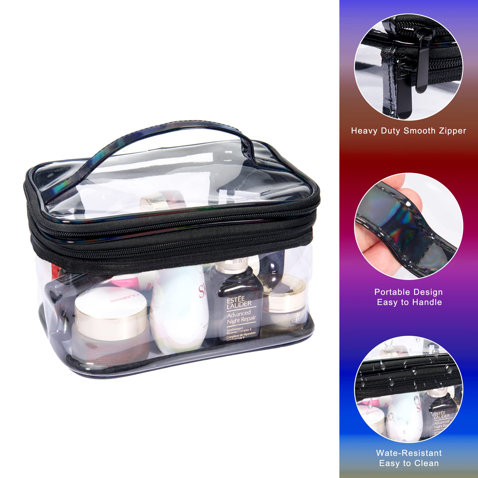 Lermende Large Clear Makeup Bag - 2 Layer Water-Resistant PVC Travel Cosmetic Organizer for Women | Portable Laser Makeup Pouch for Travel, Gym & Daily Use (Black)