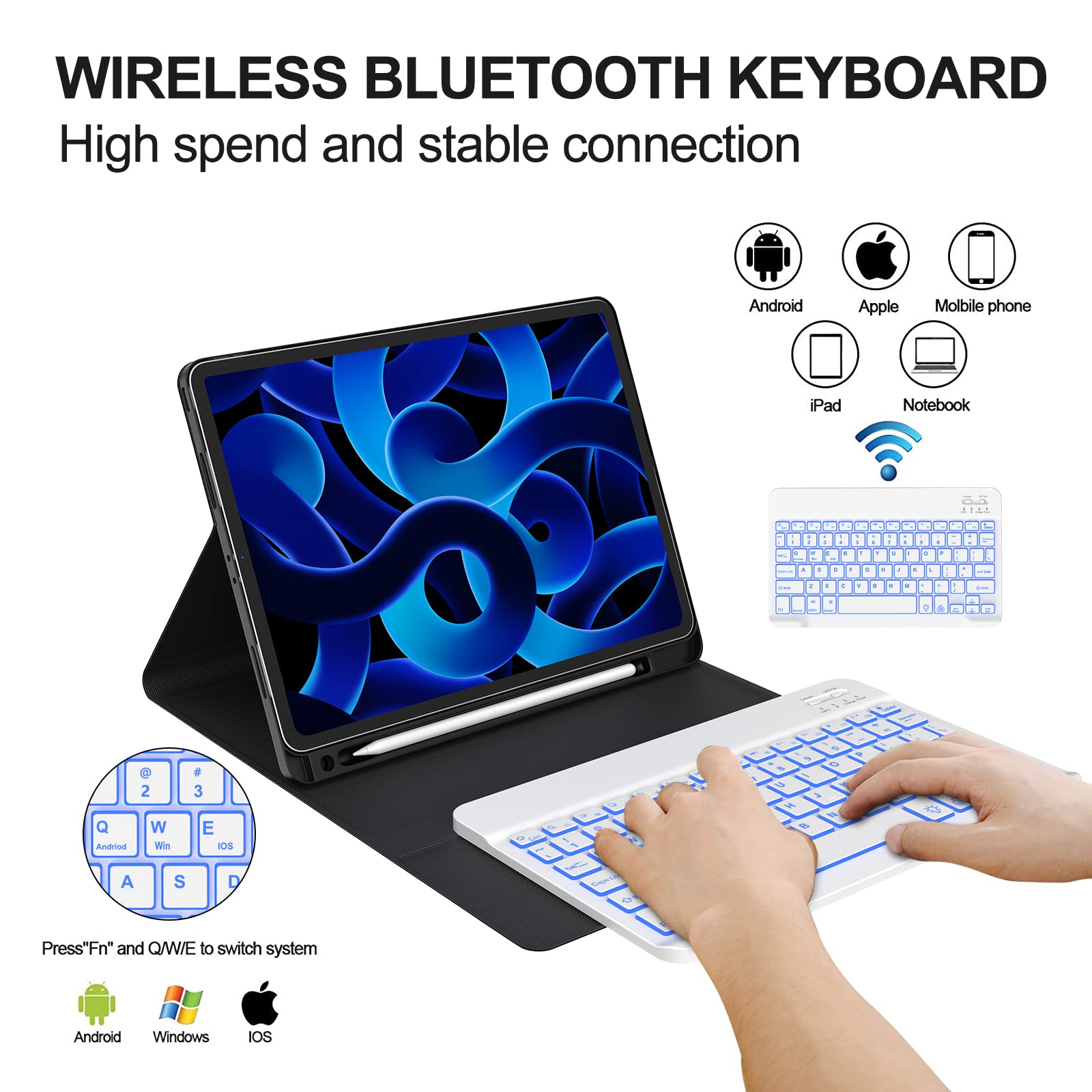 KVAGO Bluetooth Keyboard Case for iPad Air 11-inch (M2) 2024 & iPad Air 5th/4th Gen - Detachable Backlit Keyboard with Pencil Holder, Compatible with iPad Pro 11 4th/3rd/2nd/1st Gen - Perfect for Work, Study & Travel (Blue)