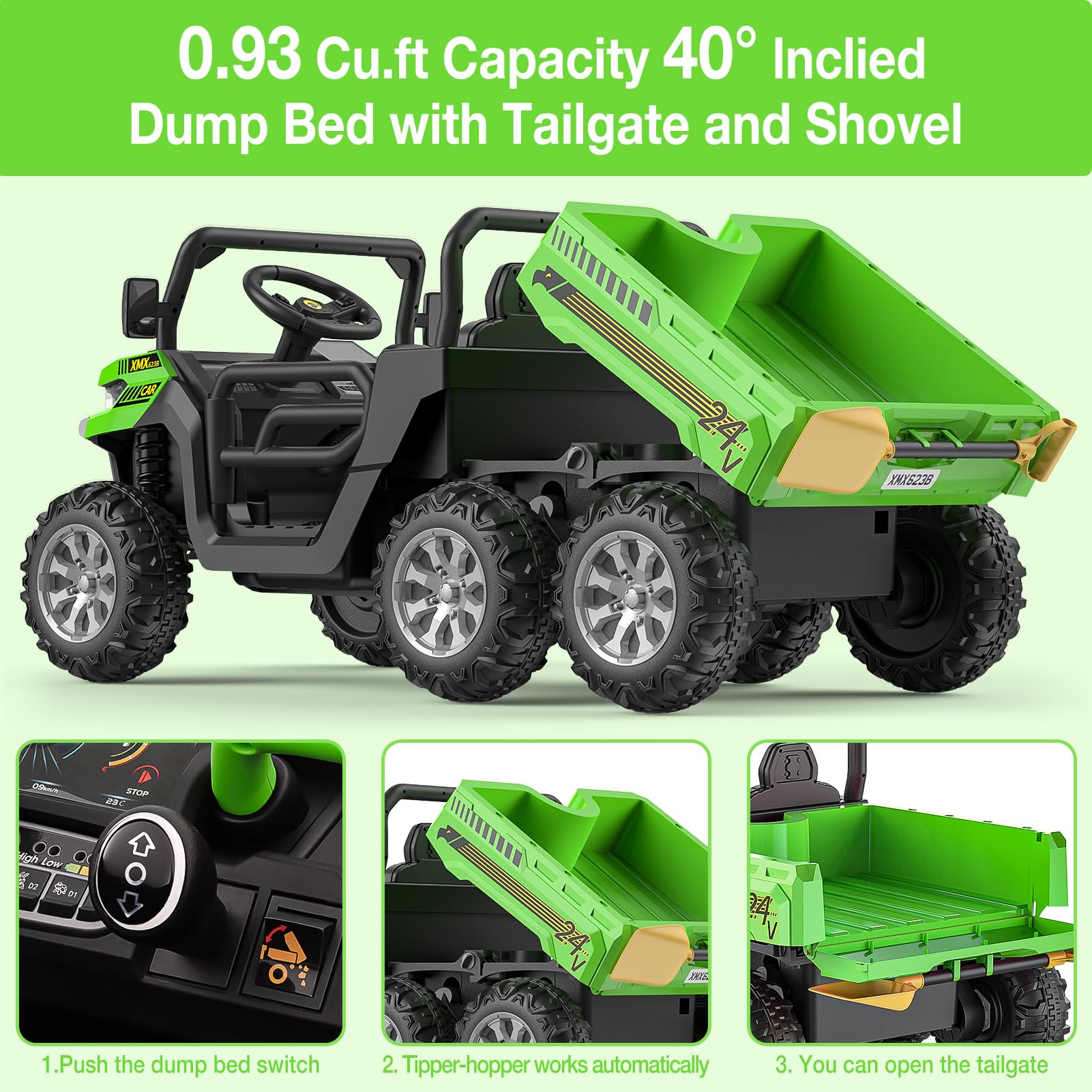 GARVEE 24V Electric Ride-On Dump Truck for Kids - 2 Seater 6-Wheel Remote Control UTV, Battery-Powered Toy Vehicle for Ages 3+ (Green) | Outdoor Play, Backyard Fun & Birthday Gift for Toddlers