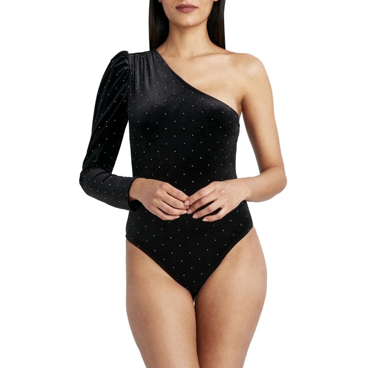 BCBGMAXAZRIA Women's Rhinestone Embellished Long Sleeve Bodysuit - Perfect for Evening Parties, Date Nights & Special Occasions