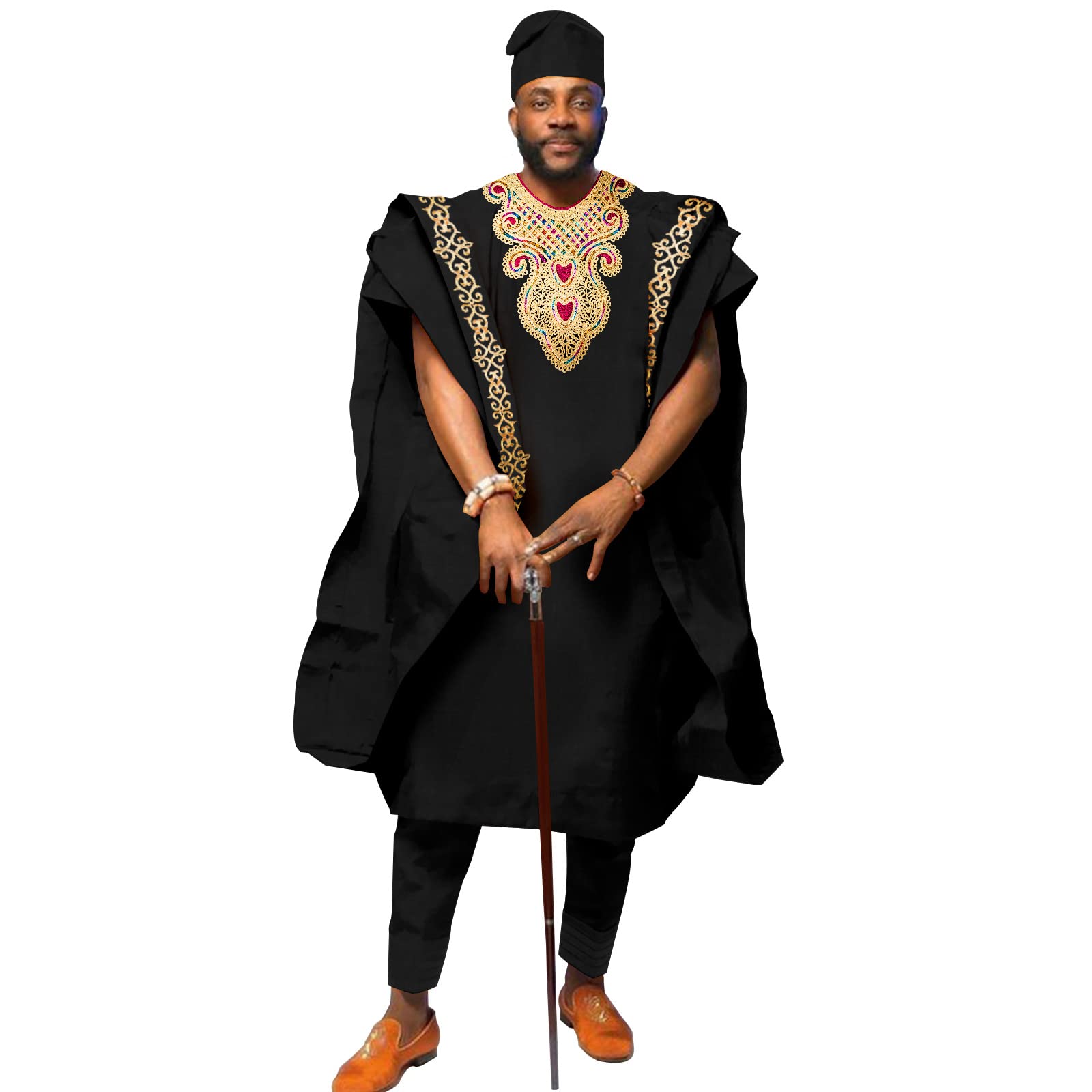 African Men's Embroidery Agbada 4-Piece Set - Traditional Wedding Attire with Shirt, Pants & Hat for Evening Ceremonies & Special Occasions